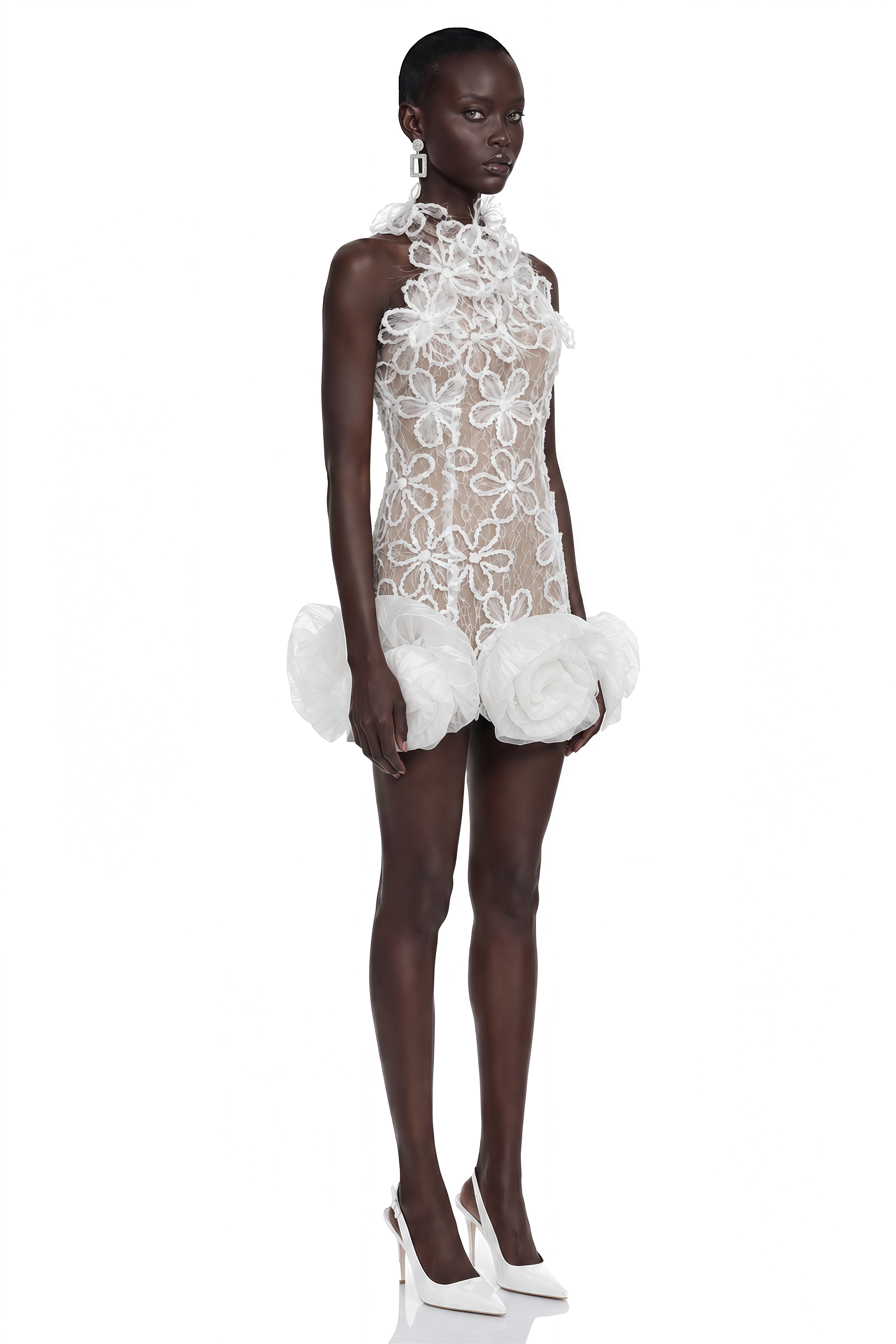 Celandra White Lace Halterneck Mini Dress
