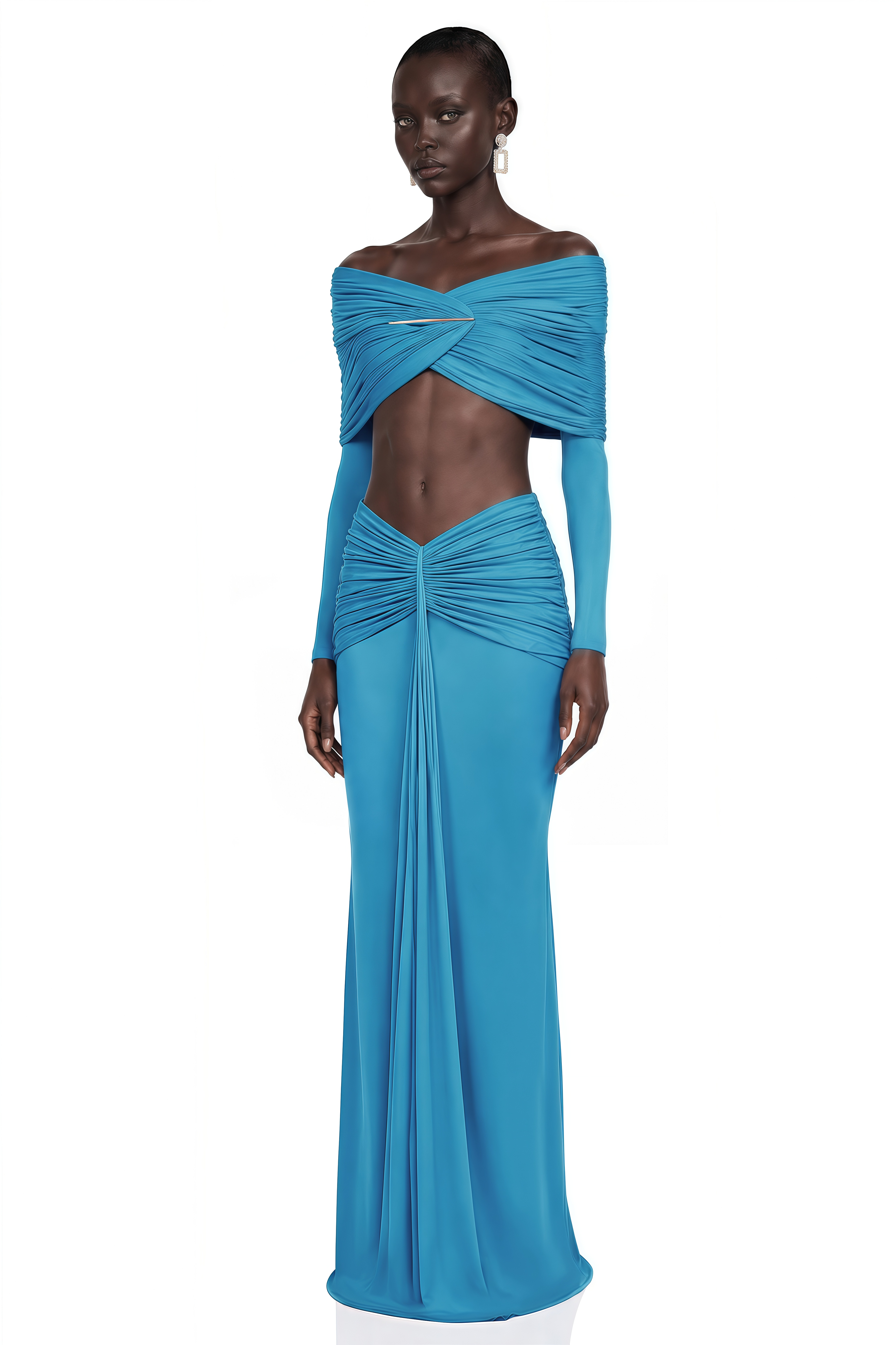 Celeste Blue Pleated Cape Crop Top & Skirt Set
