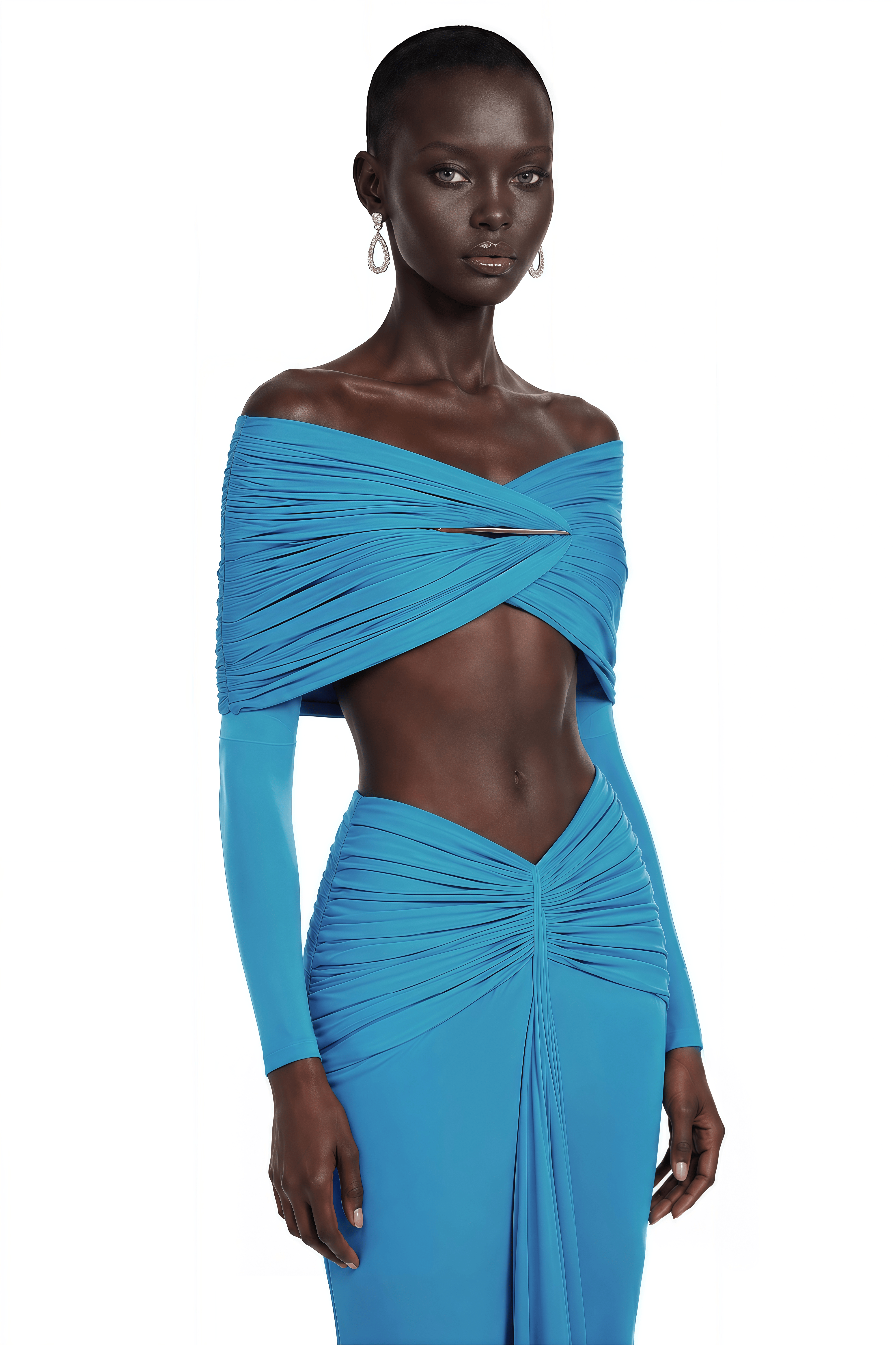 Celeste Blue Pleated Cape Crop Top & Skirt Set