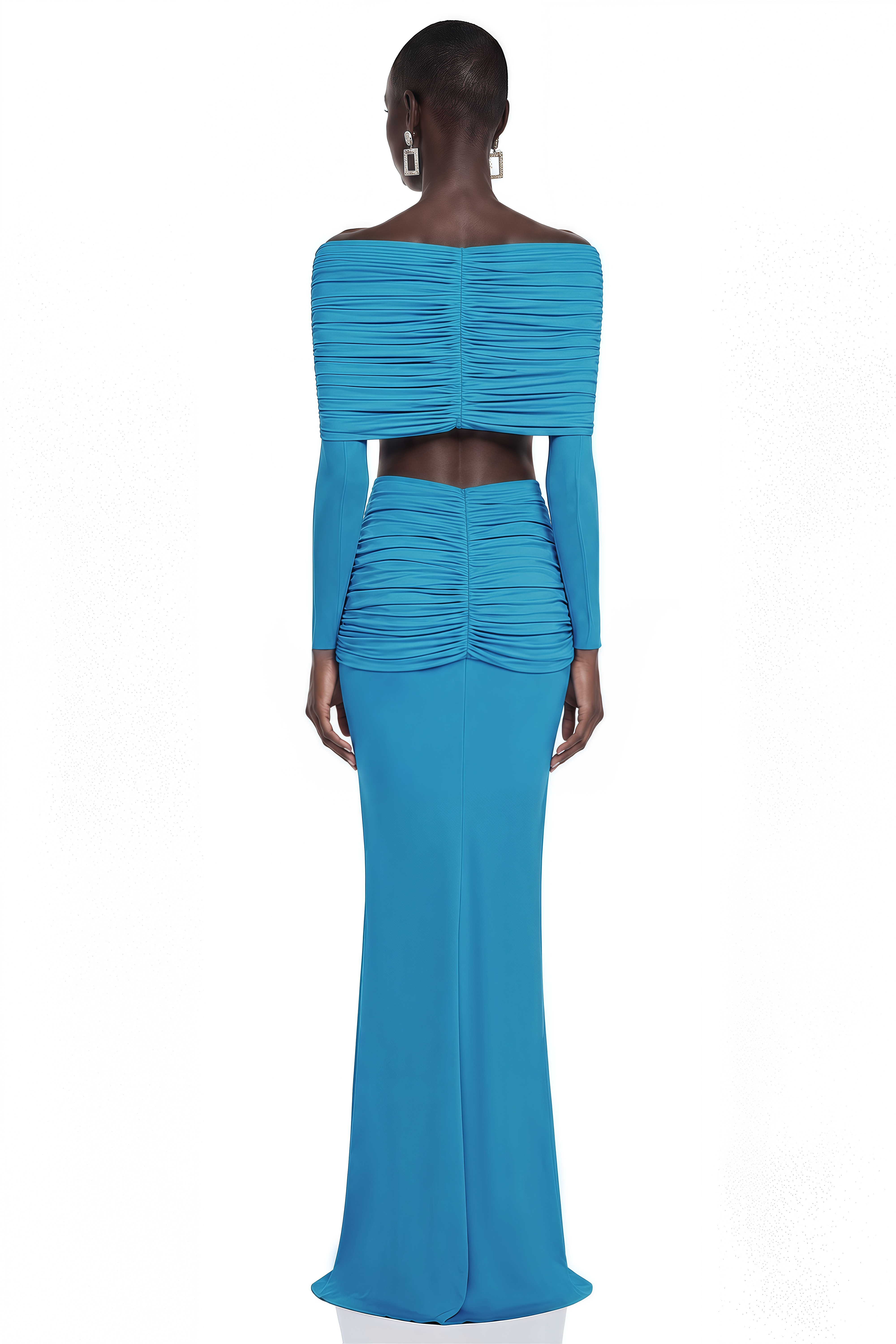 Celeste Blue Pleated Cape Crop Top & Skirt Set