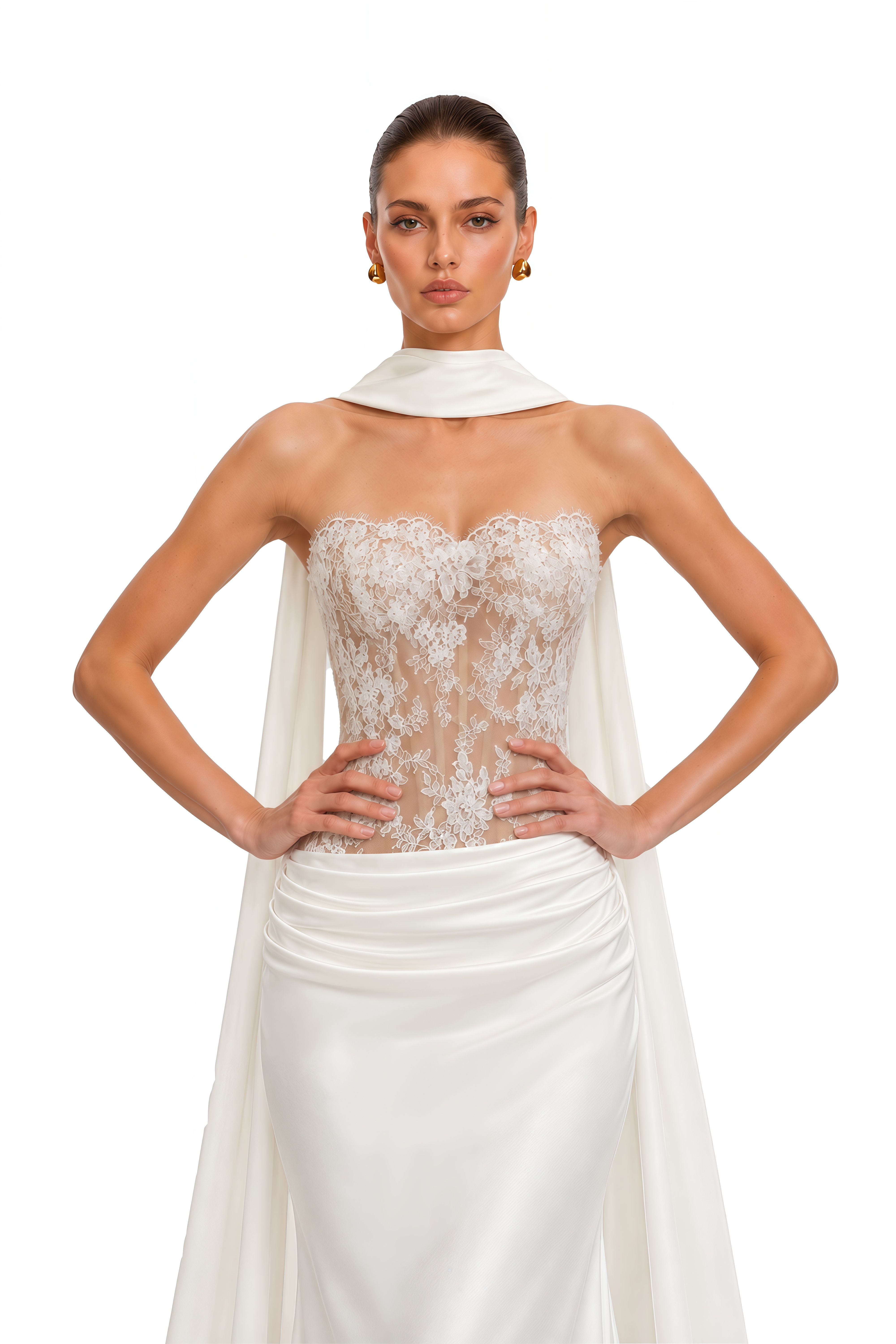 Celeste Ivory Lace Corset Draped Satin Maxi Dress