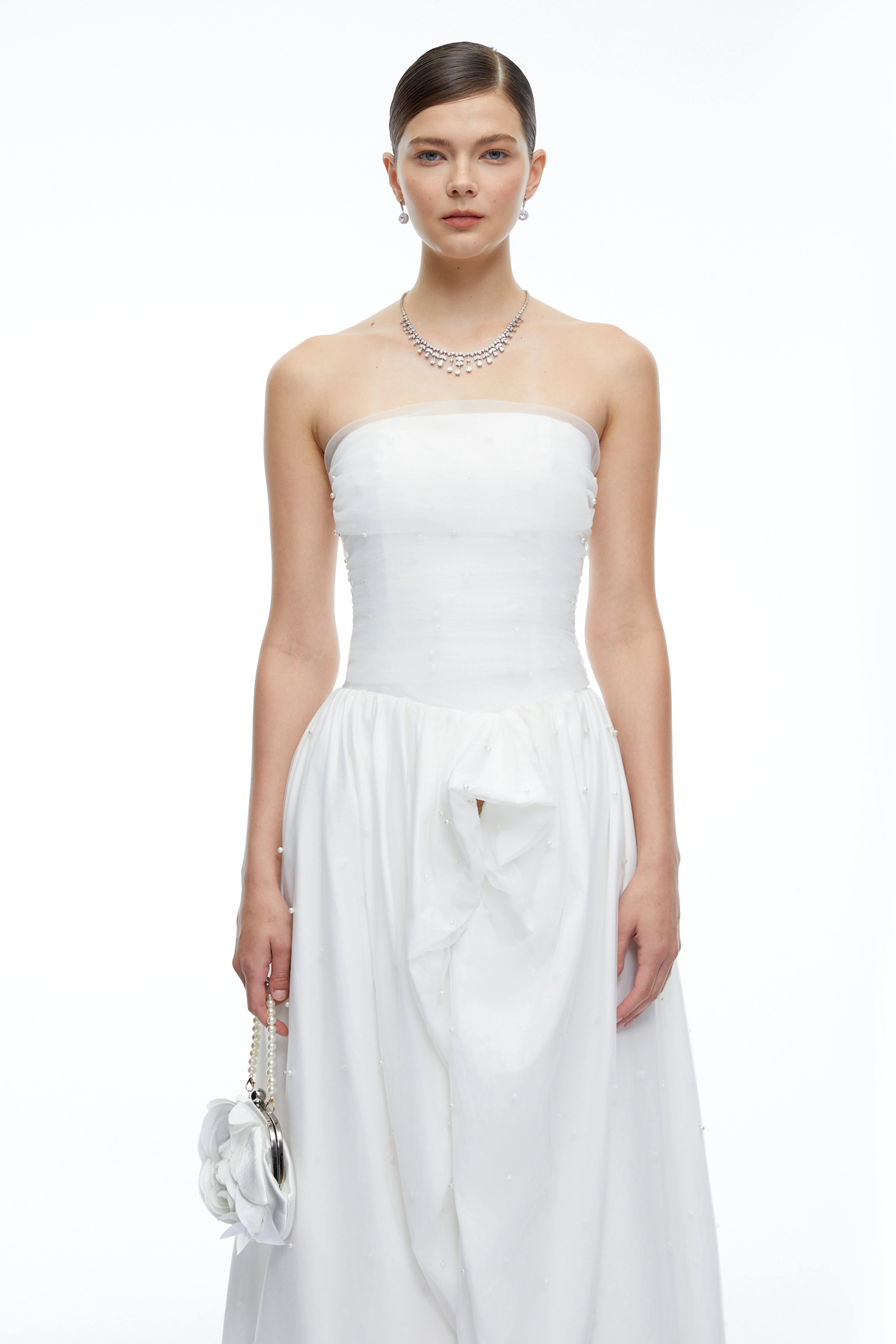 Celeste White Strapless Ruched Asymmetrical Maxi Dress
