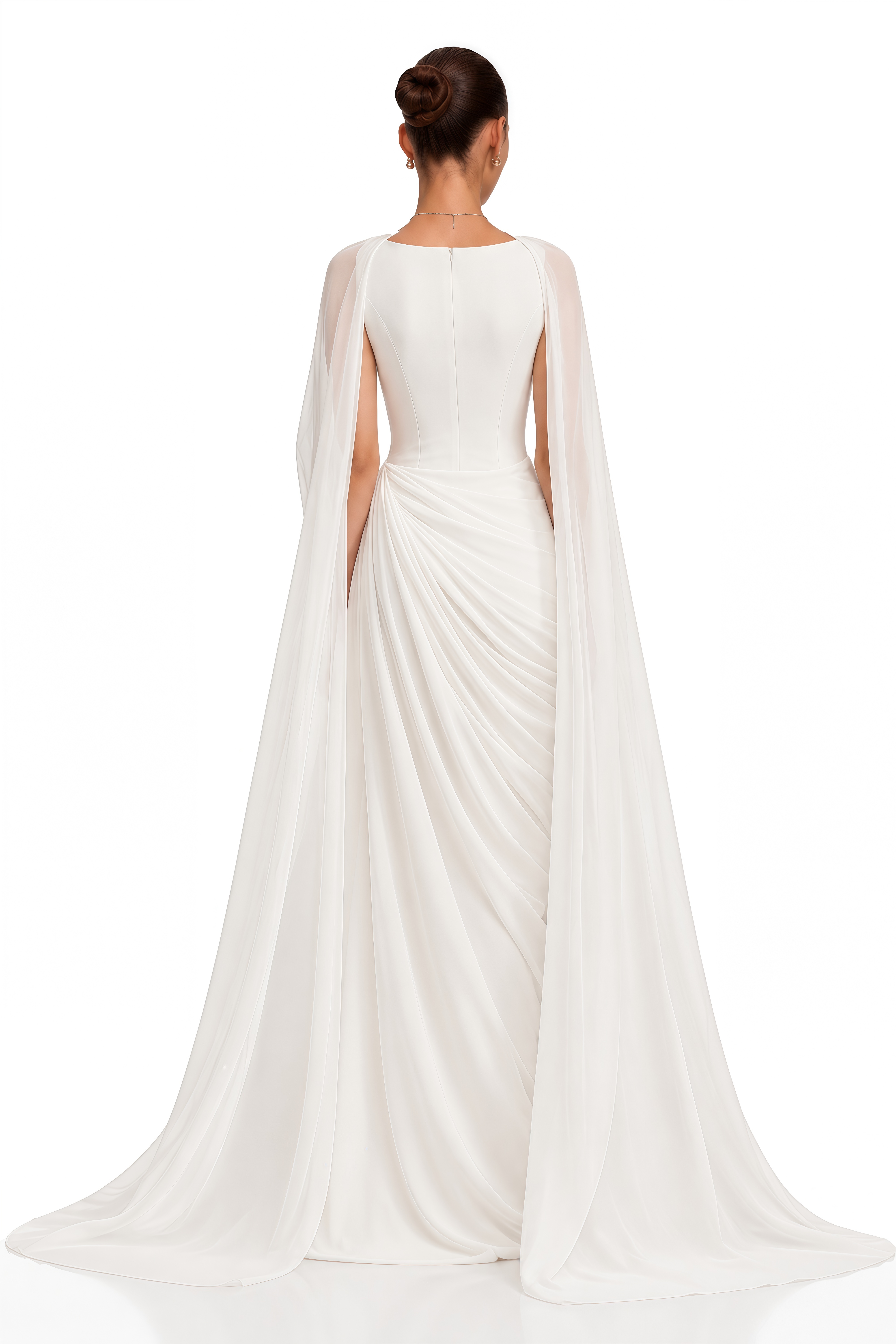 Celestine White Draped Cape Ruched Maxi Dress