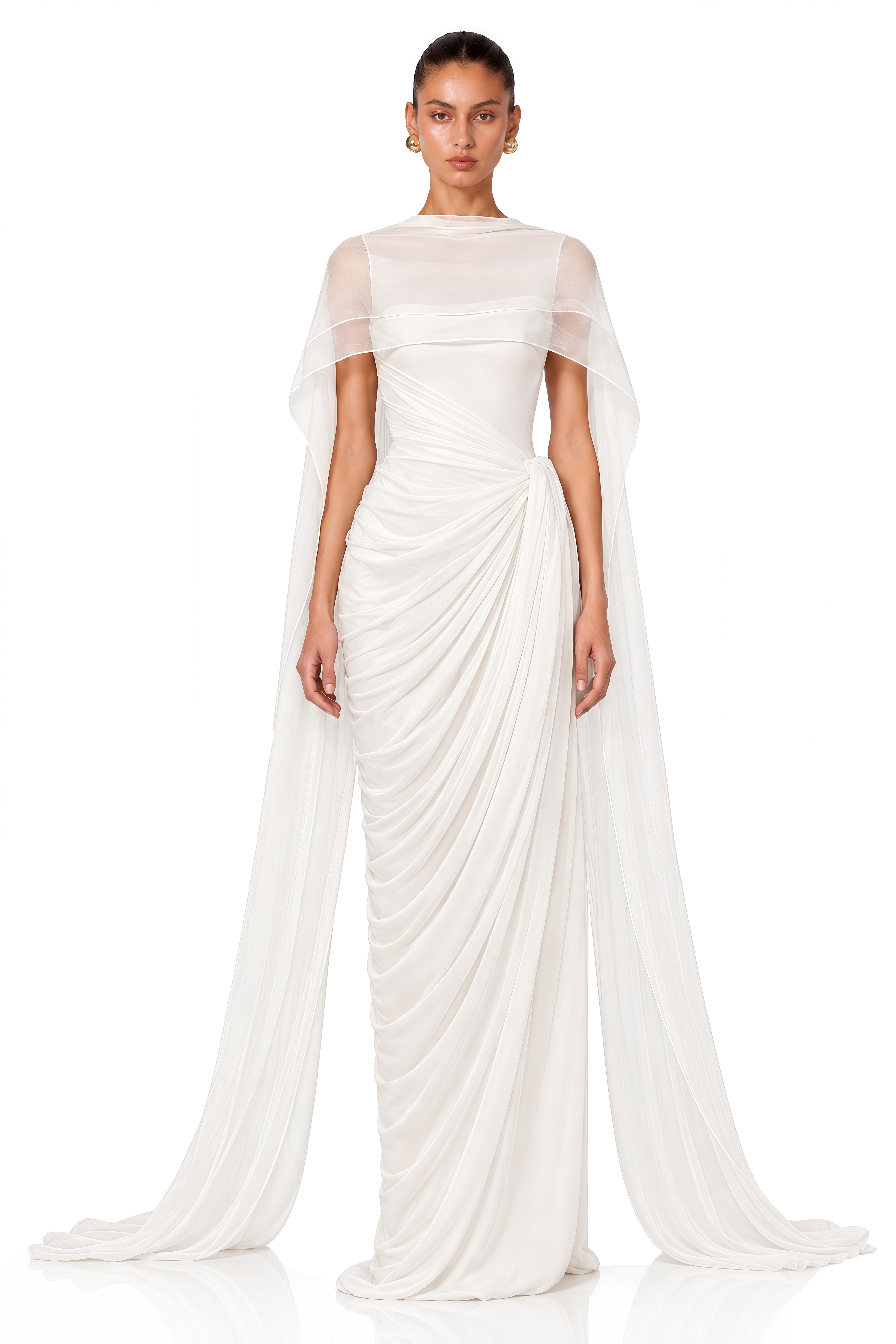 Celestine White Draped Cape Ruched Maxi Dress