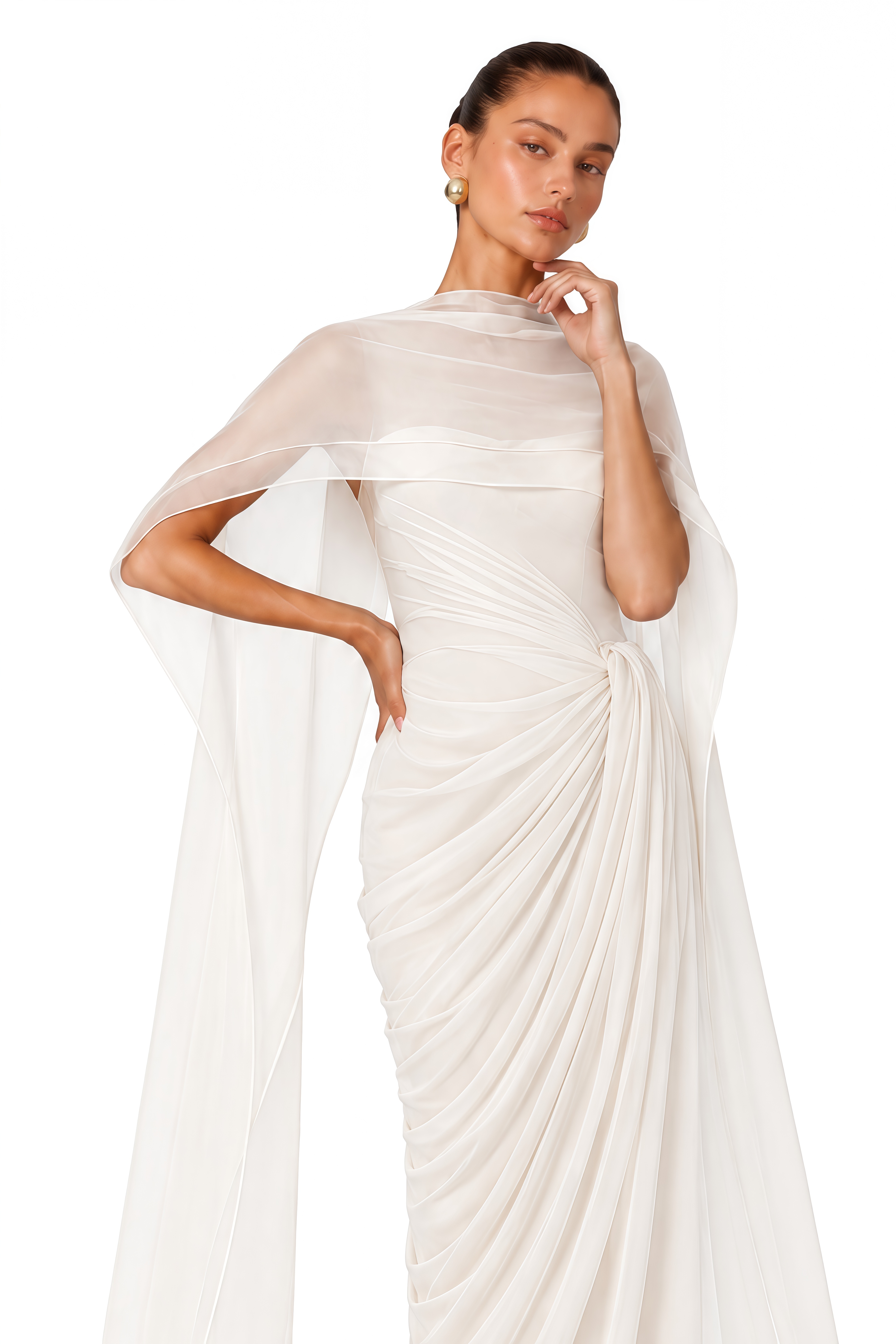 Celestine White Draped Cape Ruched Maxi Dress