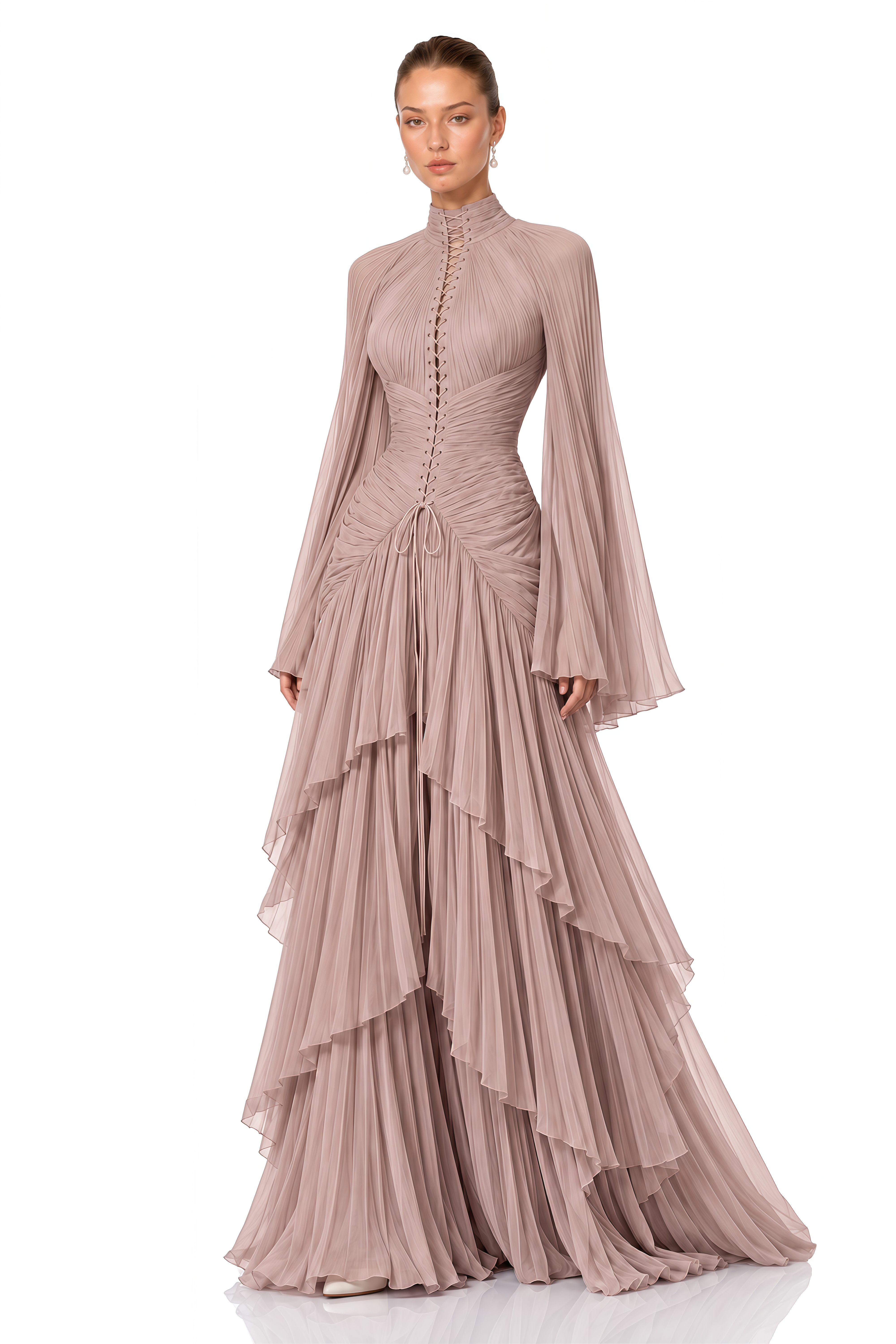 Celiane Dusty Rose Ruched Flared Sleeve Maxi Dress