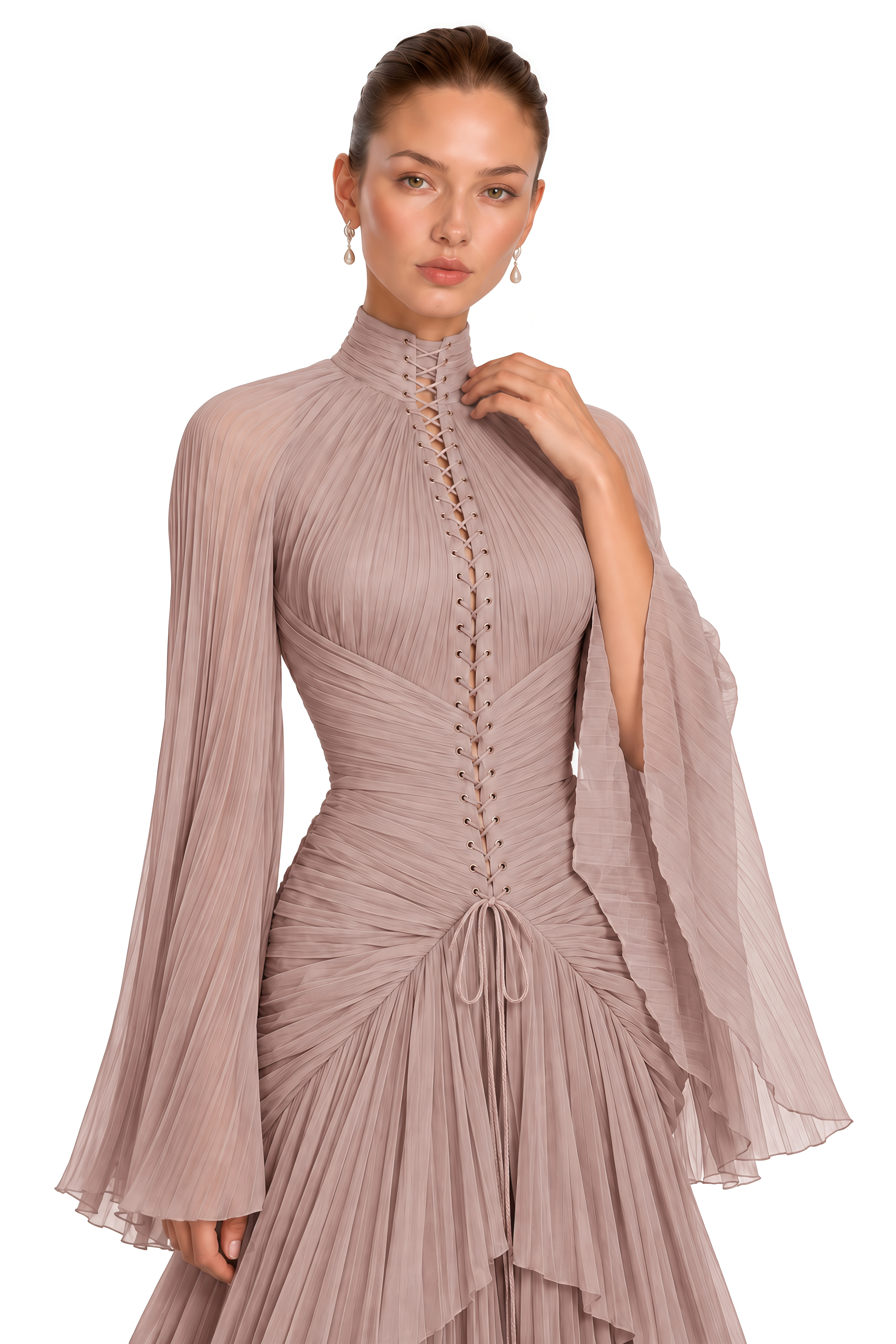 Celiane Dusty Rose Ruched Flared Sleeve Maxi Dress