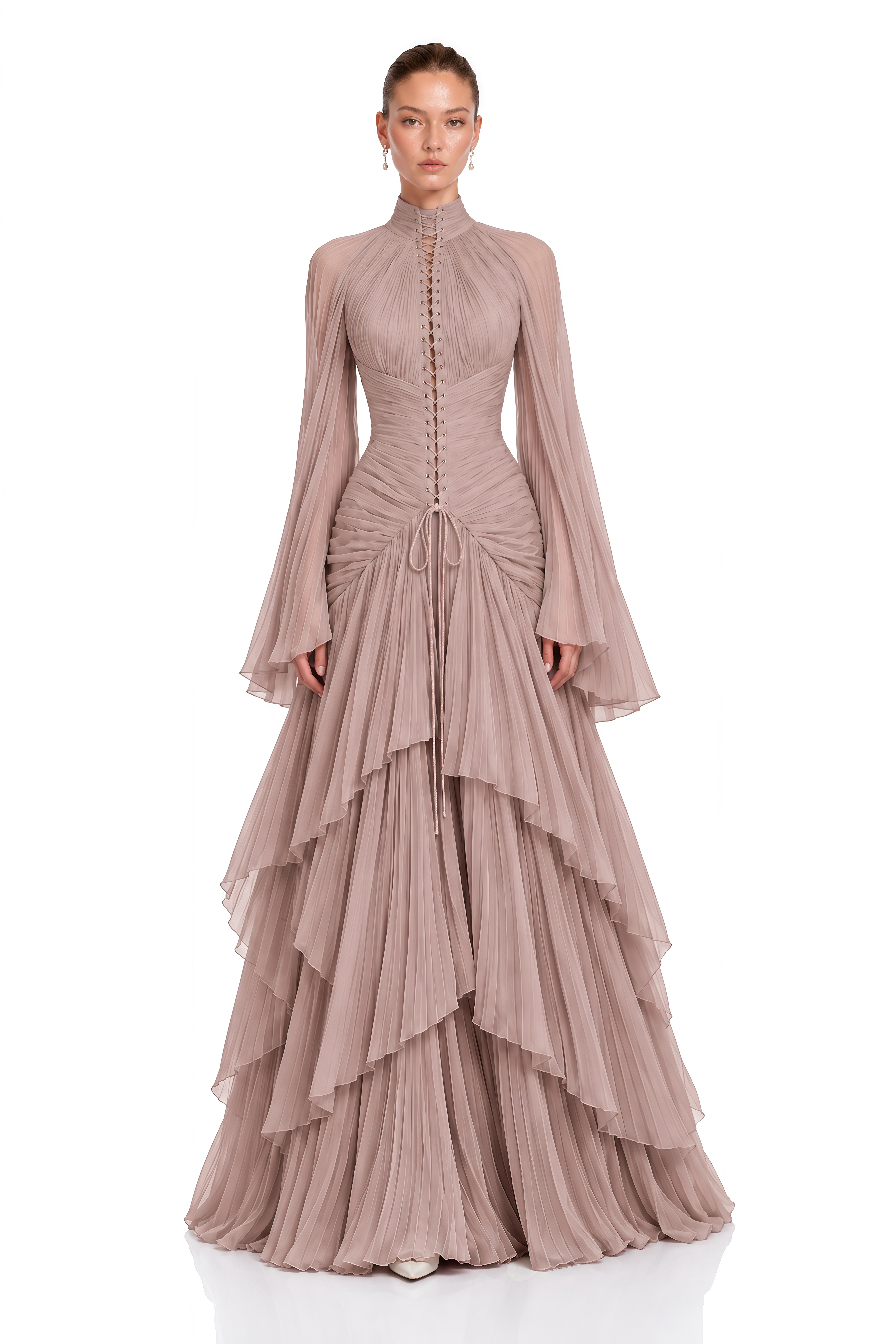Celiane Dusty Rose Ruched Flared Sleeve Maxi Dress