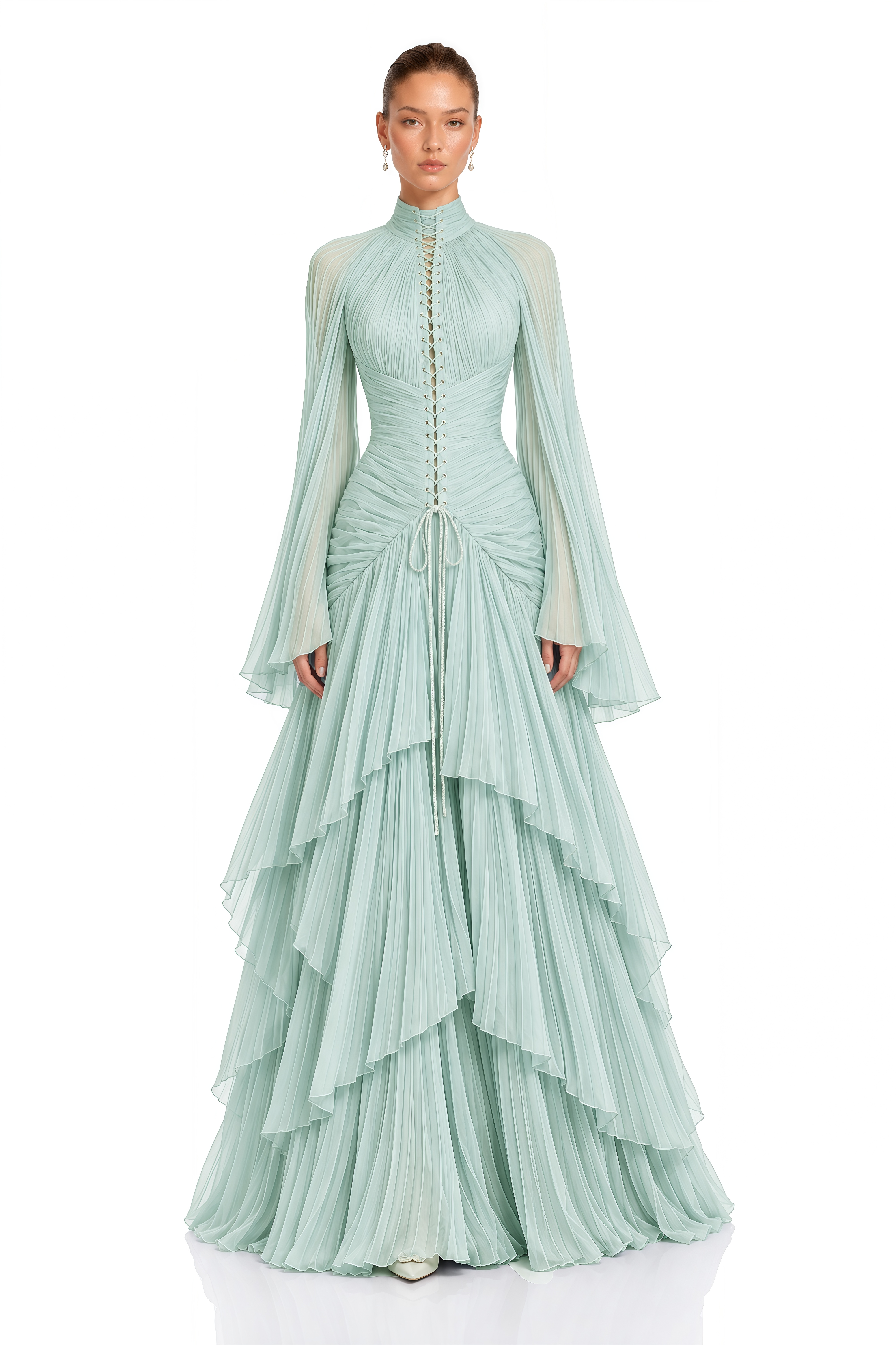 Celiane Mint Green Ruched Flared Sleeve Maxi Dress