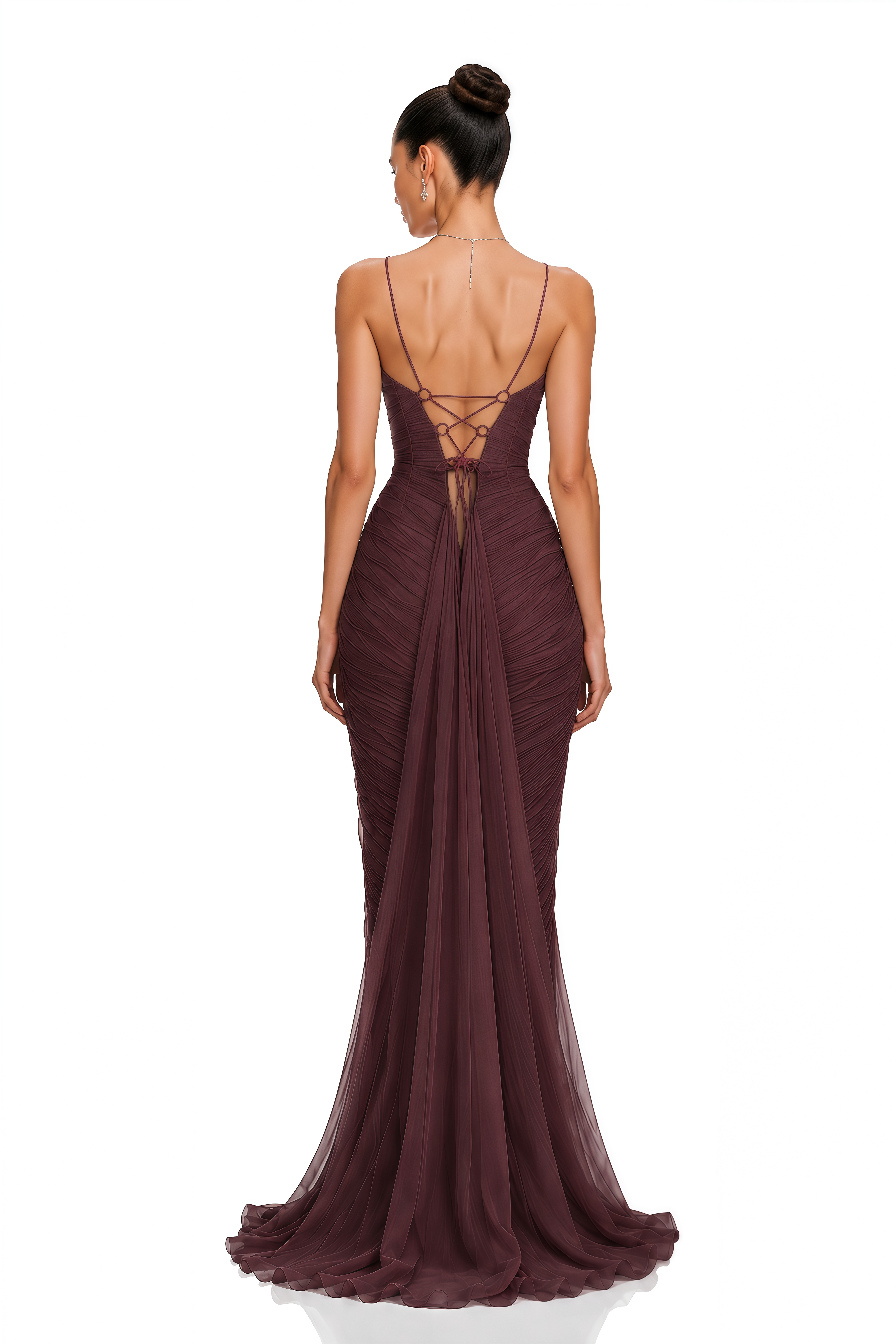 Celine Burgundy Ruched Plunge Maxi Dress