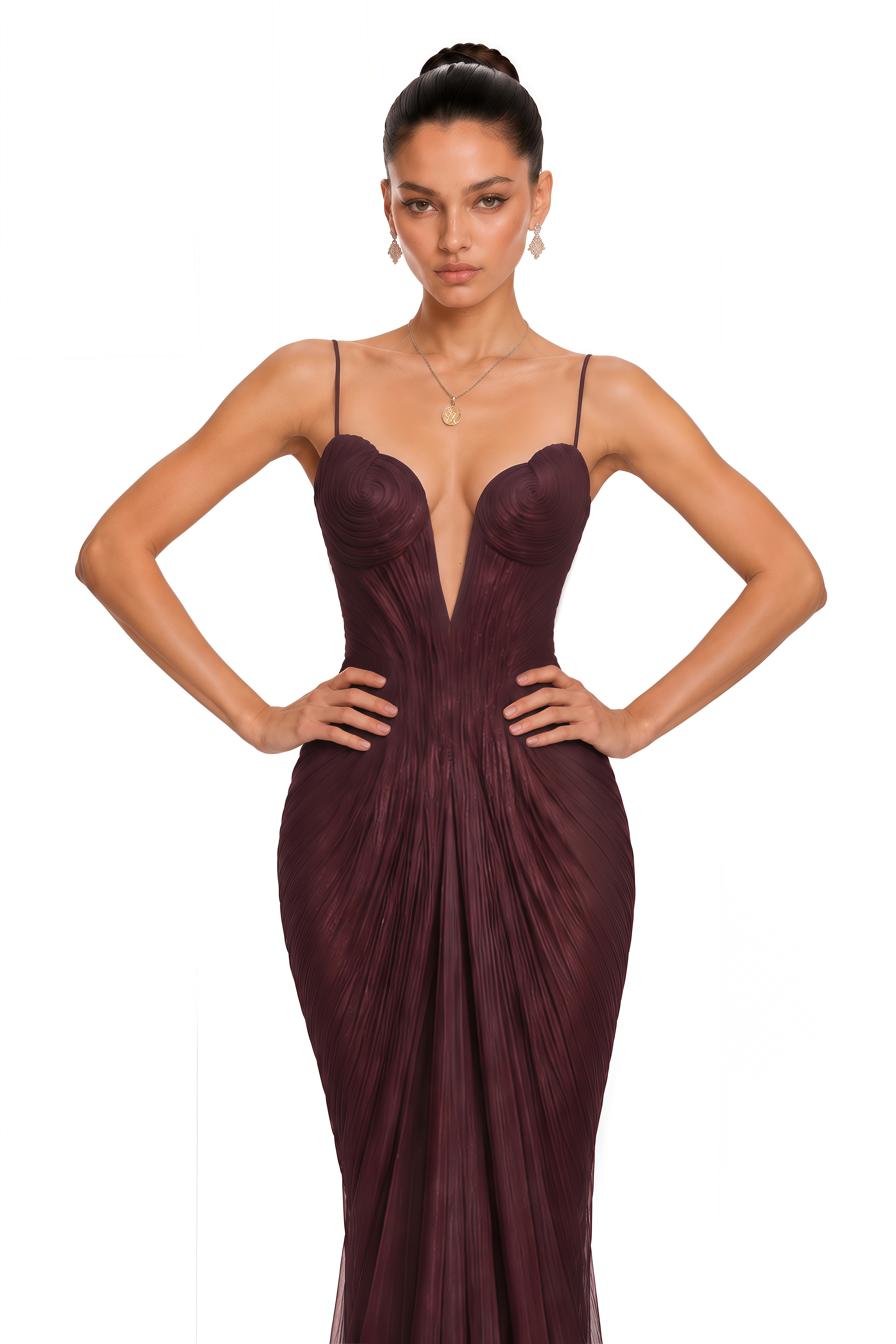 Celine Burgundy Ruched Plunge Maxi Dress