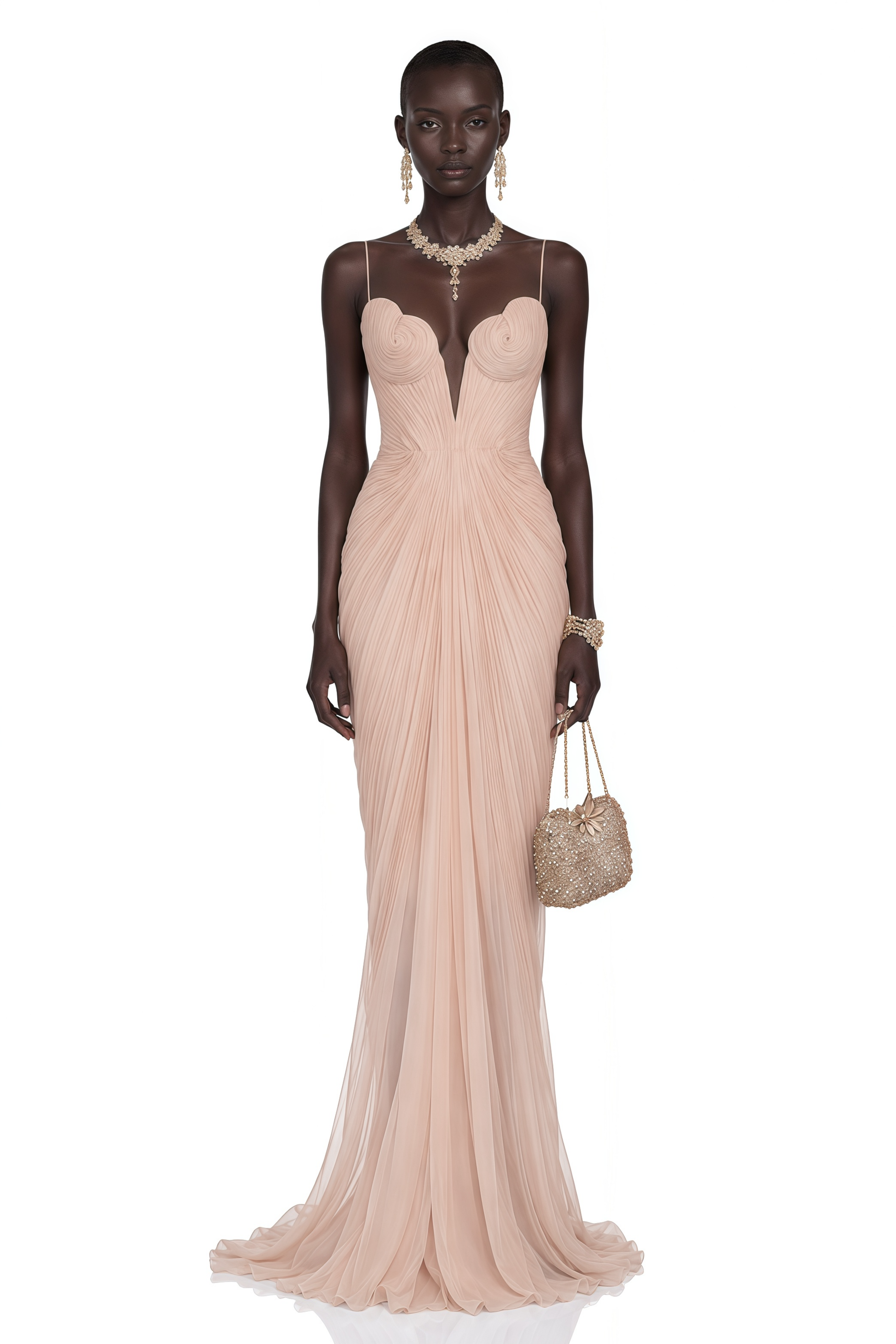 Celine Neutral Ruched Plunge Maxi Dress