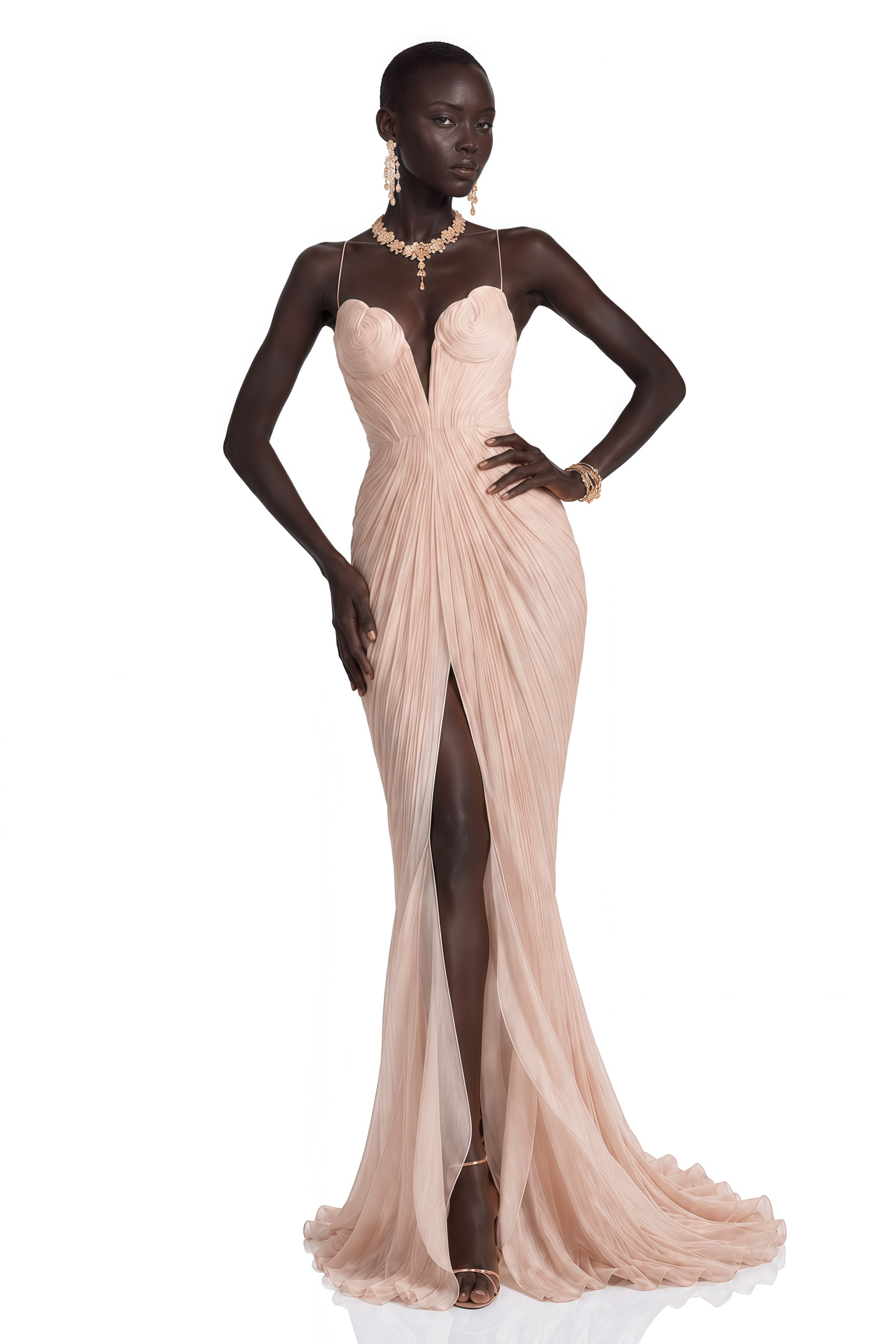 Celine Neutral Ruched Plunge Maxi Dress