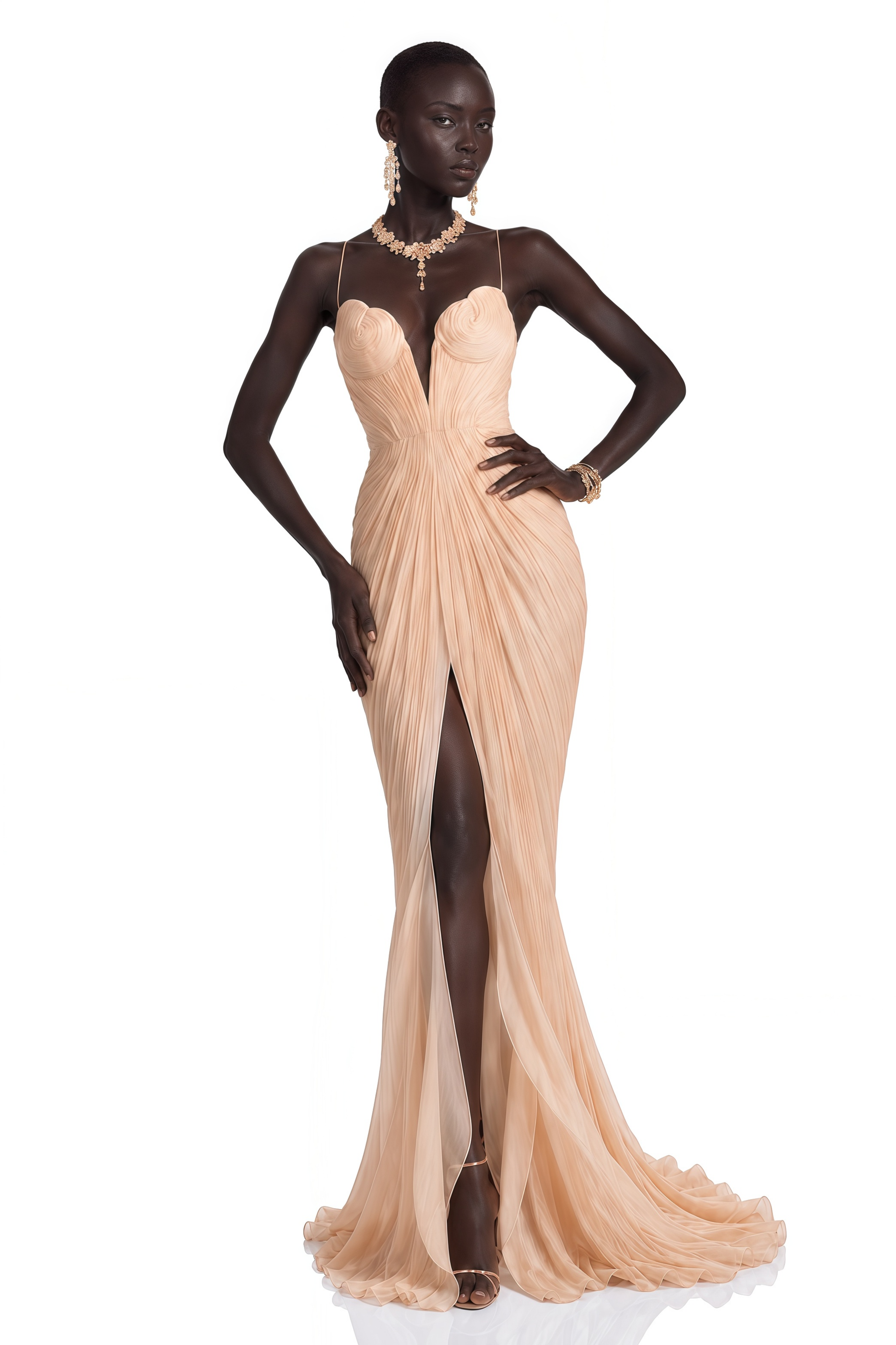 Celine Neutral Ruched Plunge Maxi Dress