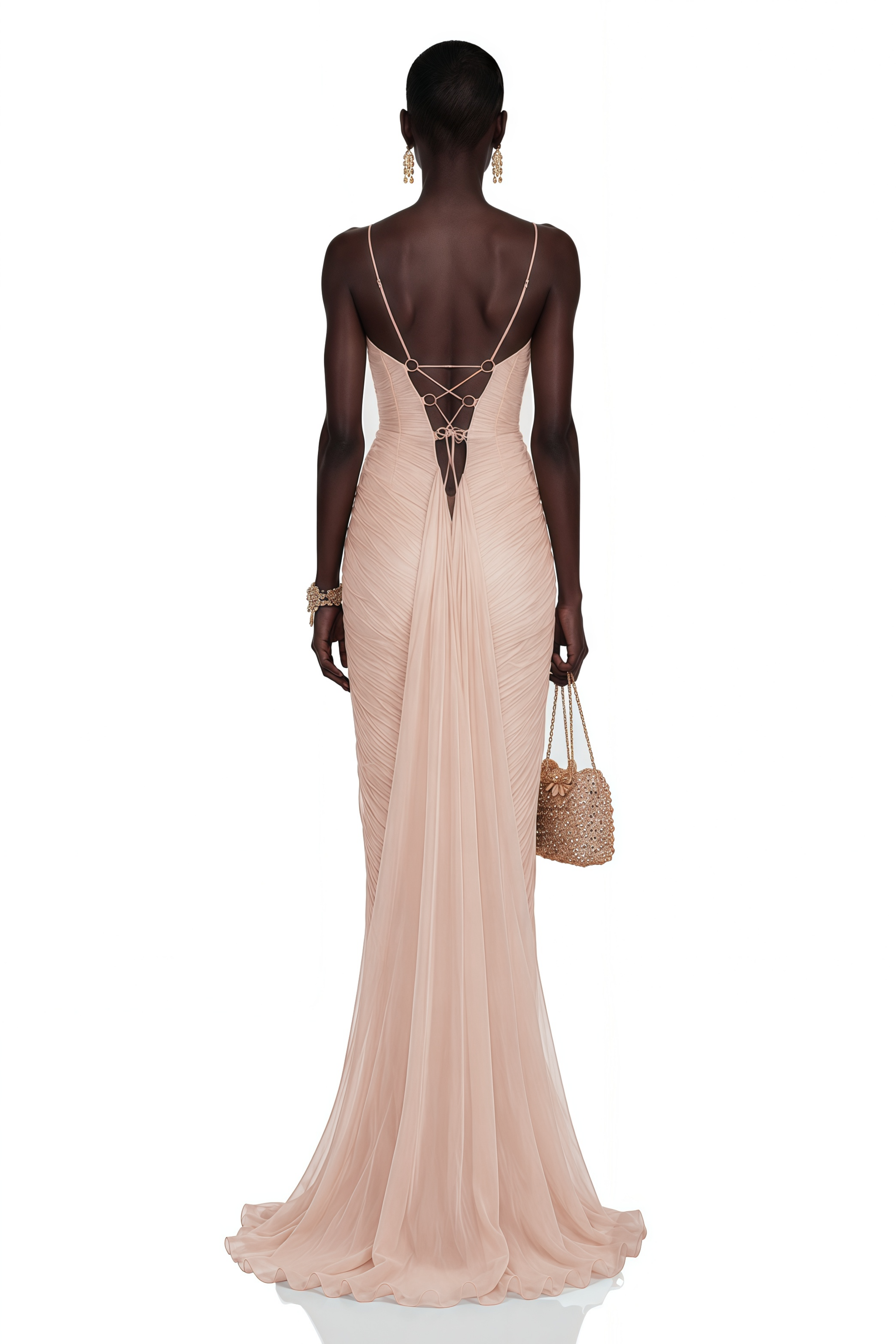 Celine Neutral Ruched Plunge Maxi Dress
