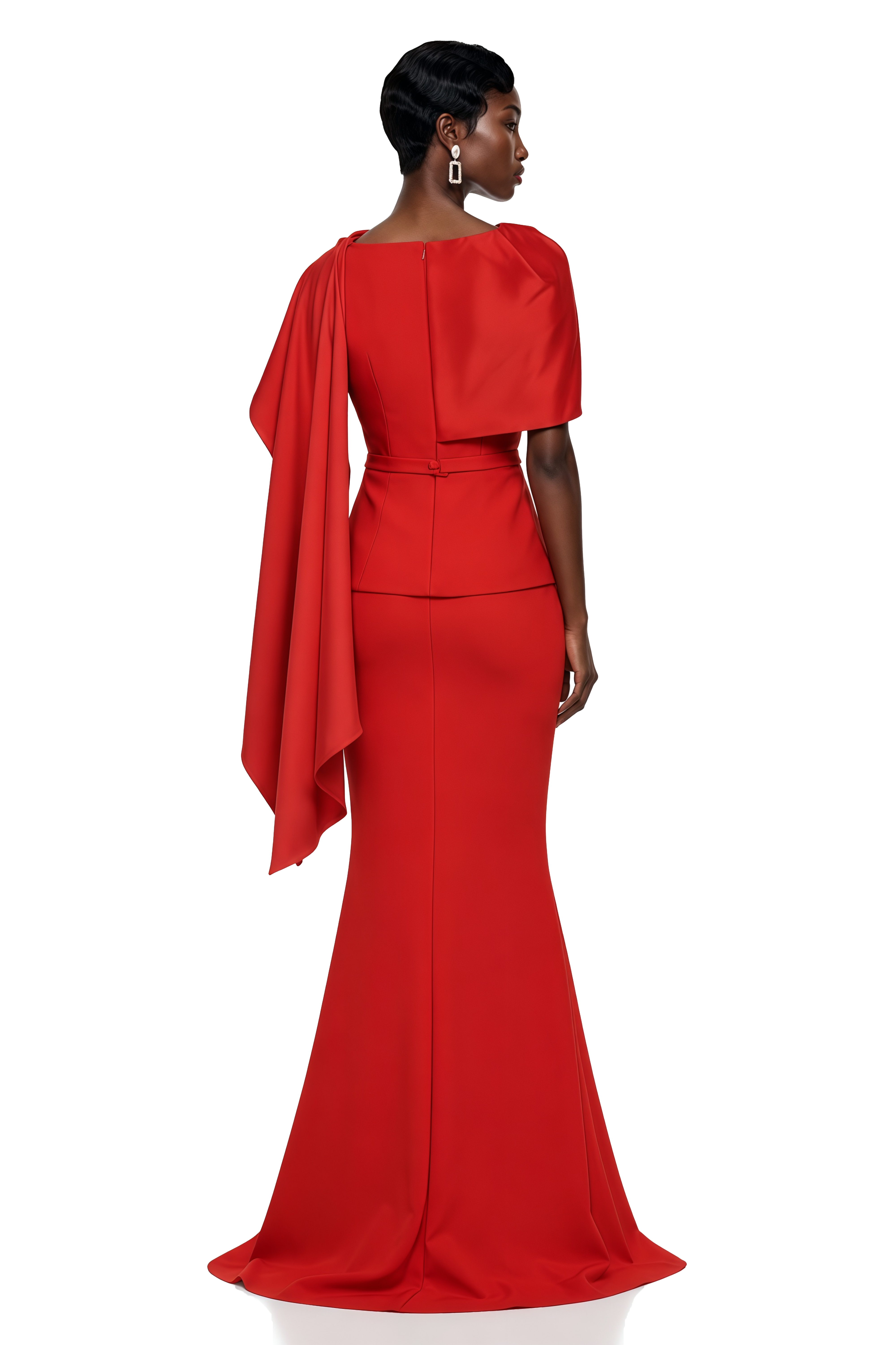 Cevher Red Fishtail Maxi Dress with Cape