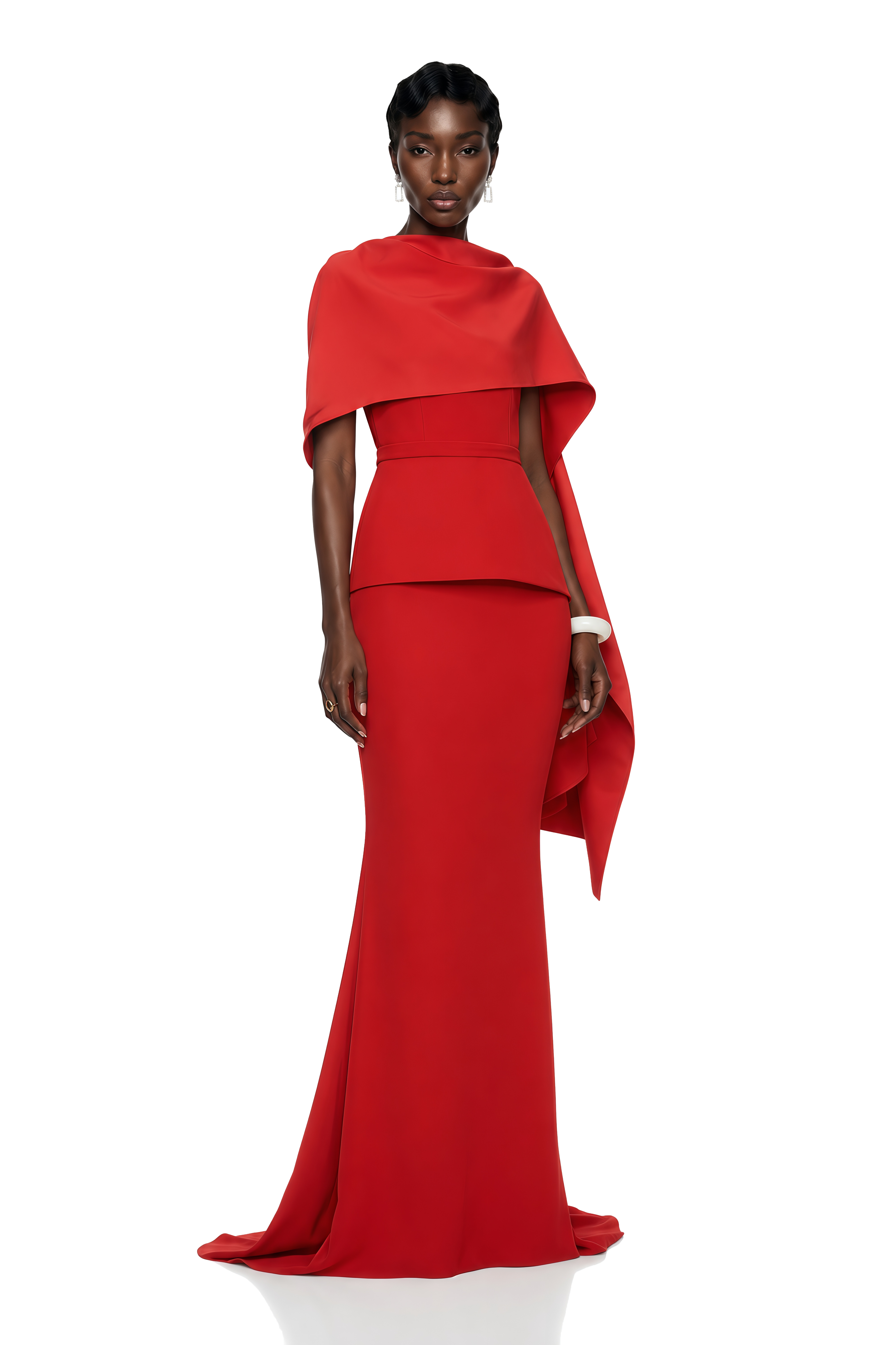 Cevher Red Fishtail Maxi Dress with Cape