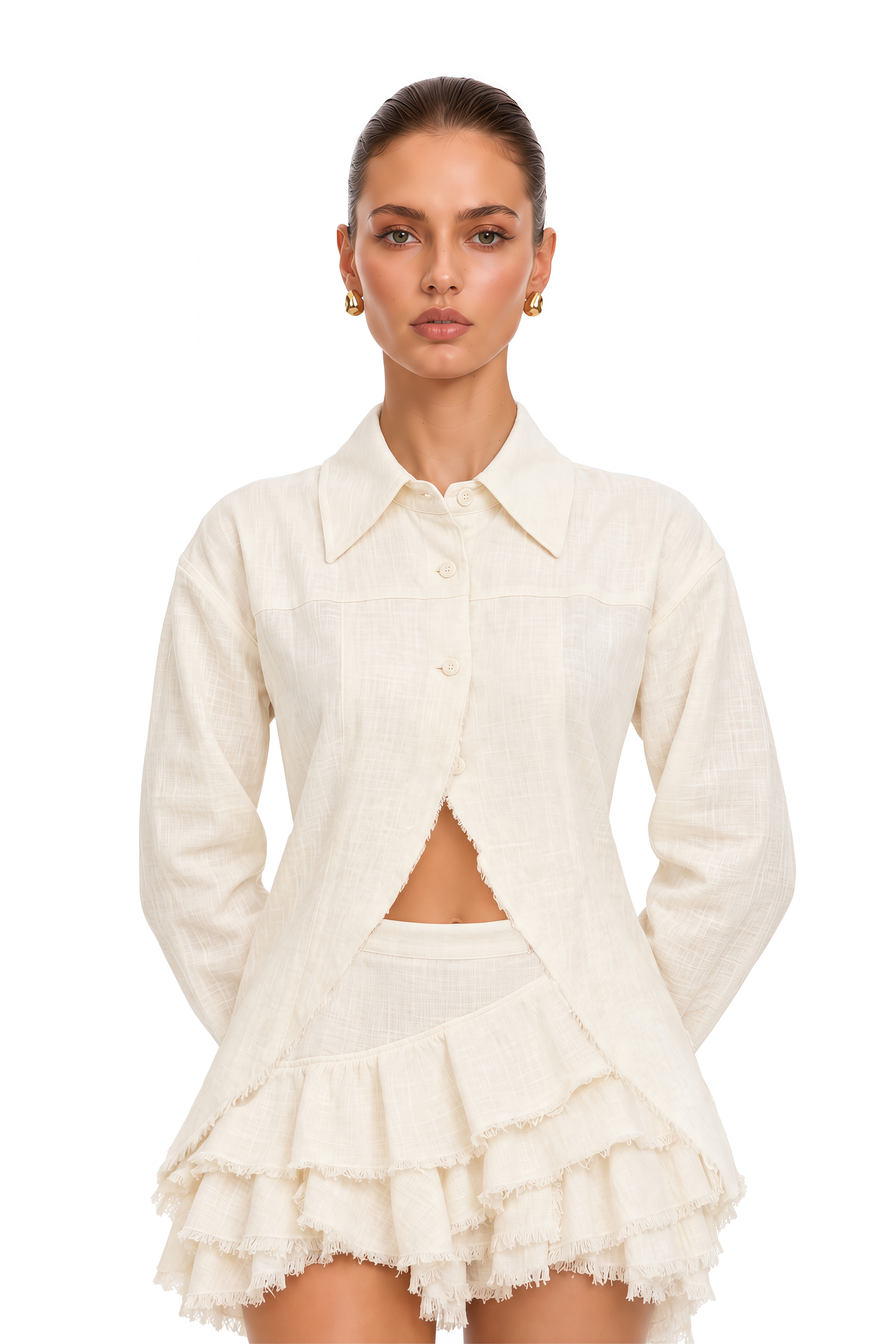 Chandler White Long Sleeve Shirt & Mini Skirt Set