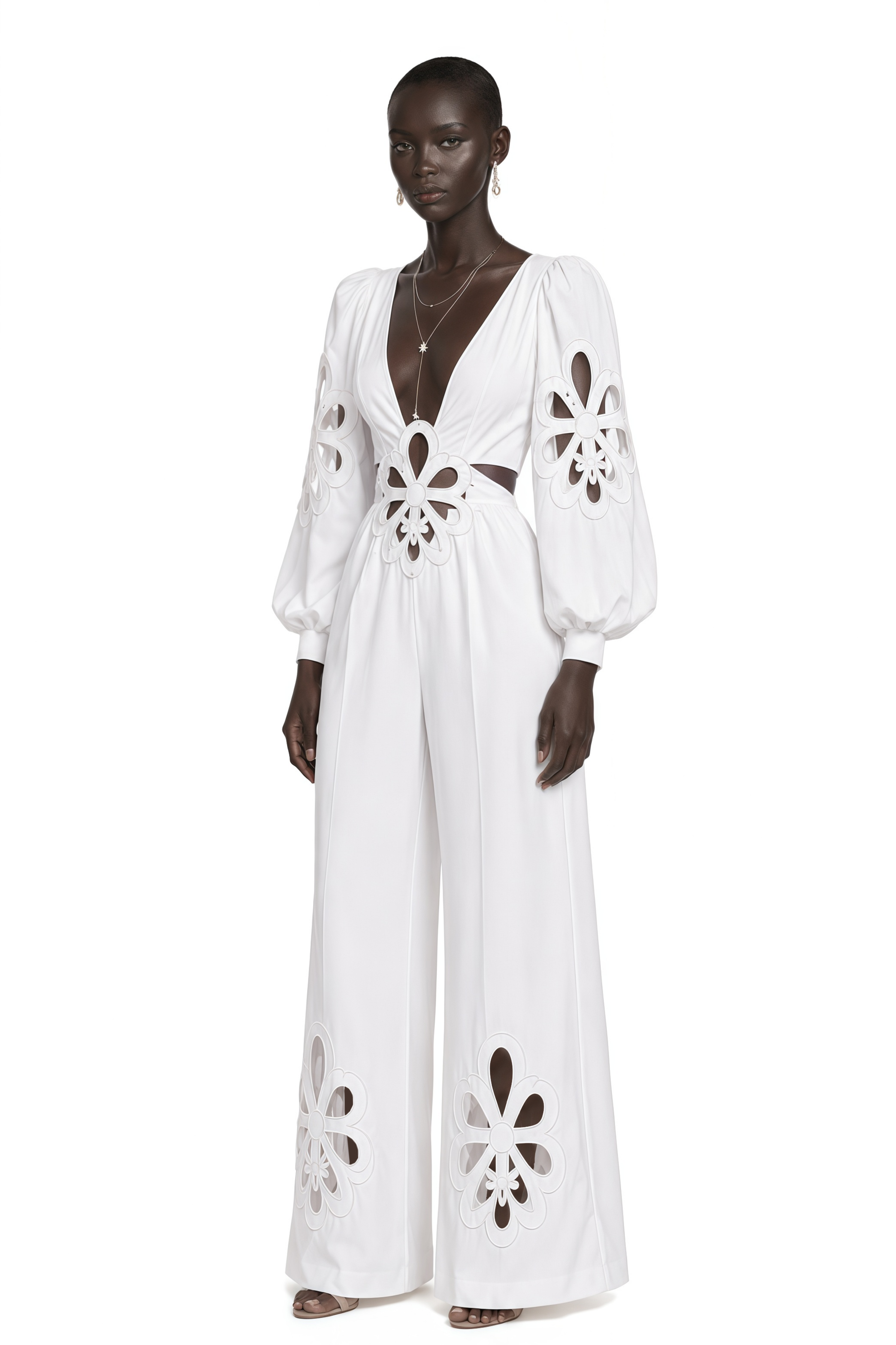 Charles White Plunging Floral Cut-Out Puff Sleeves Jumpsuit