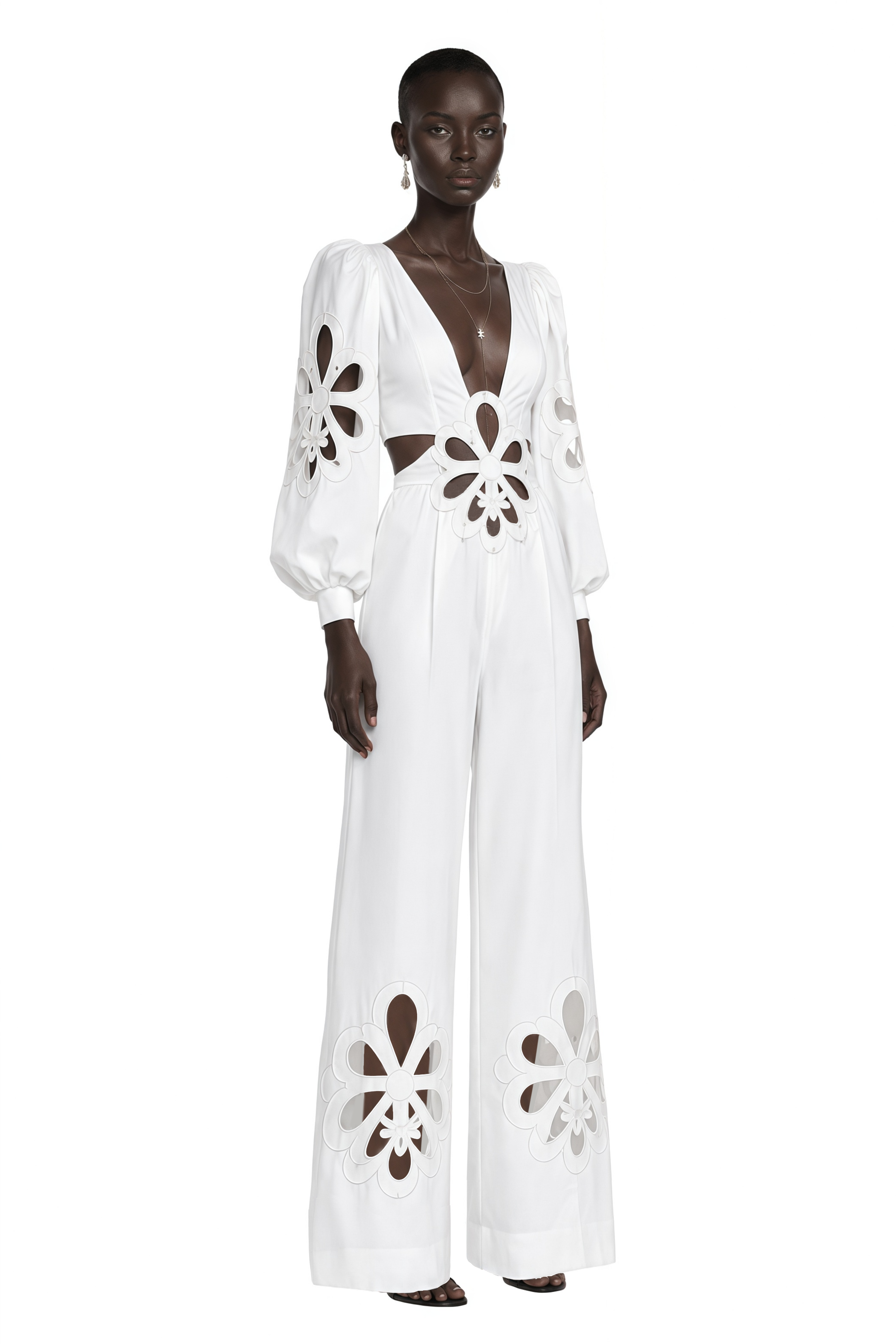 Charles White Plunging Floral Cut-Out Puff Sleeves Jumpsuit