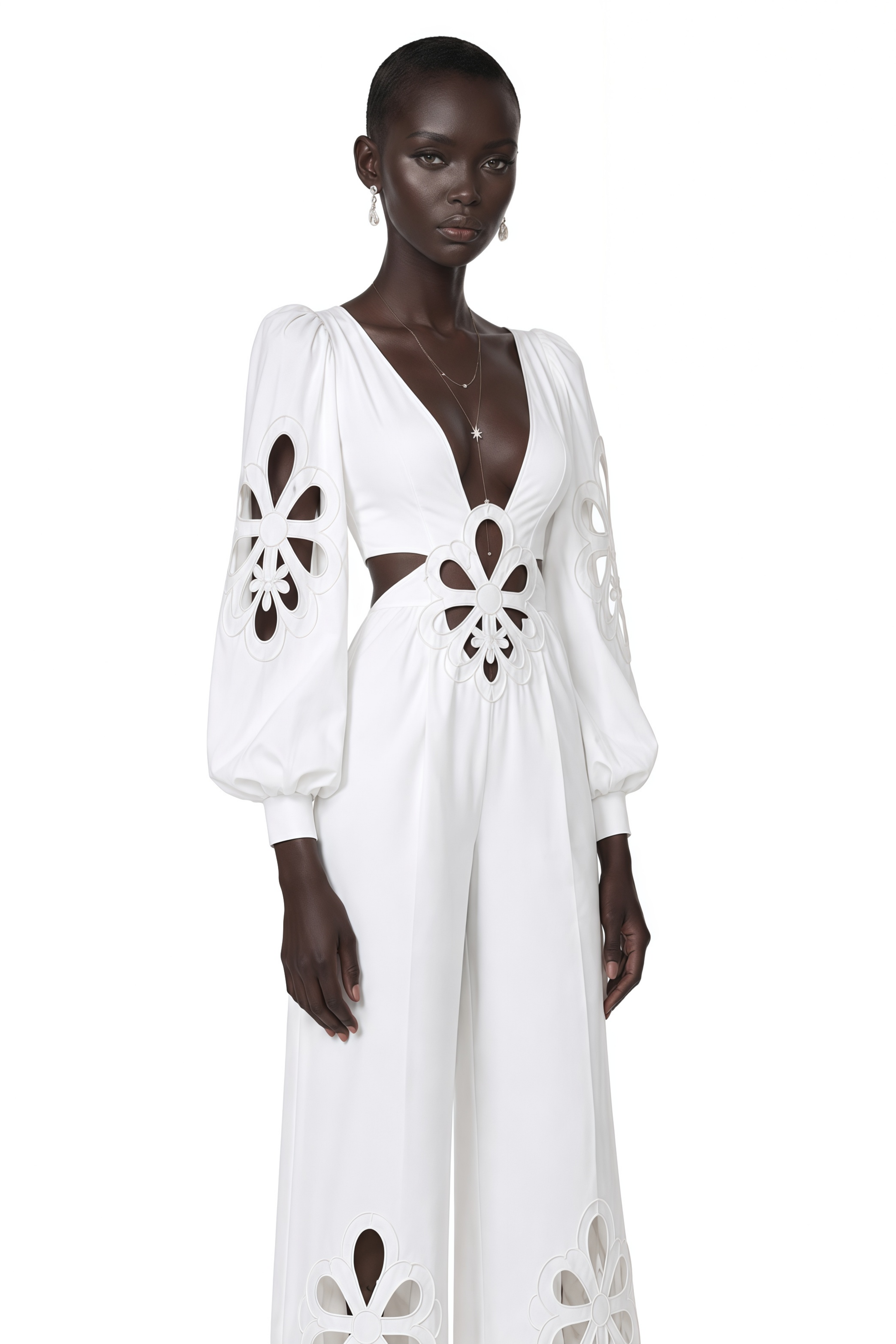 Charles White Plunging Floral Cut-Out Puff Sleeves Jumpsuit