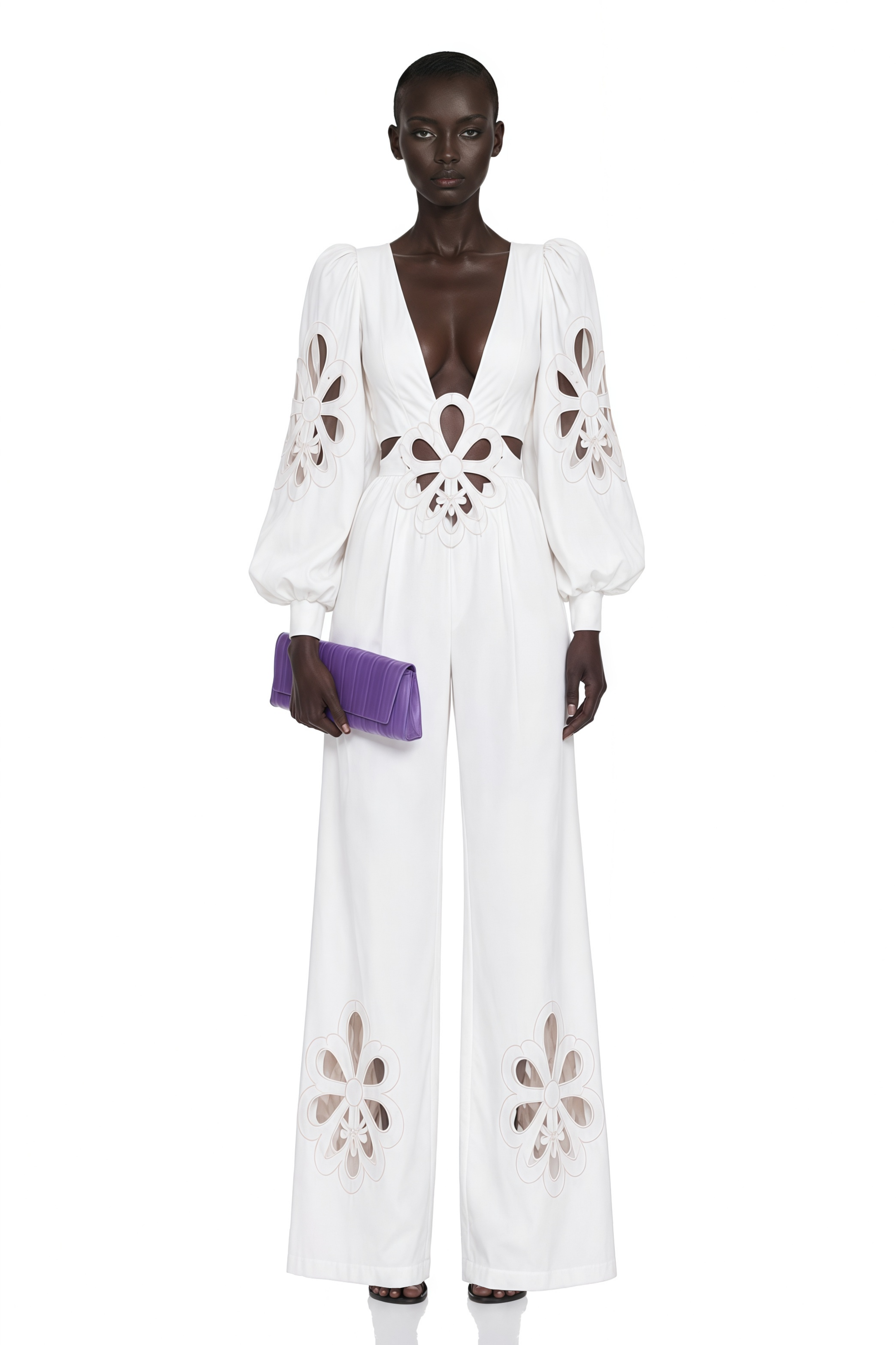 Charles White Plunging Floral Cut-Out Puff Sleeves Jumpsuit