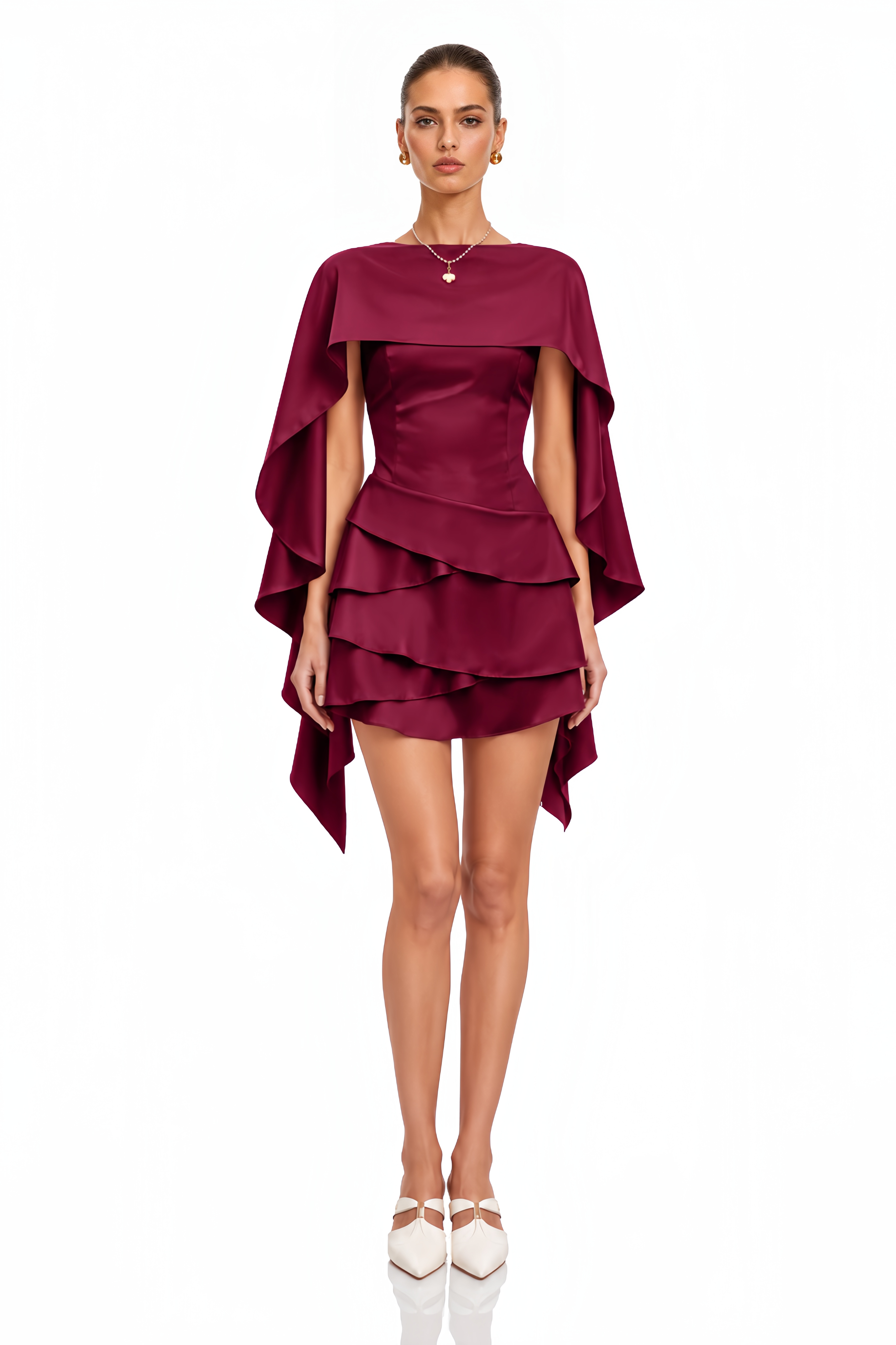Lyna Shawl-Panel Ruffled Satin Mini Dress in Red