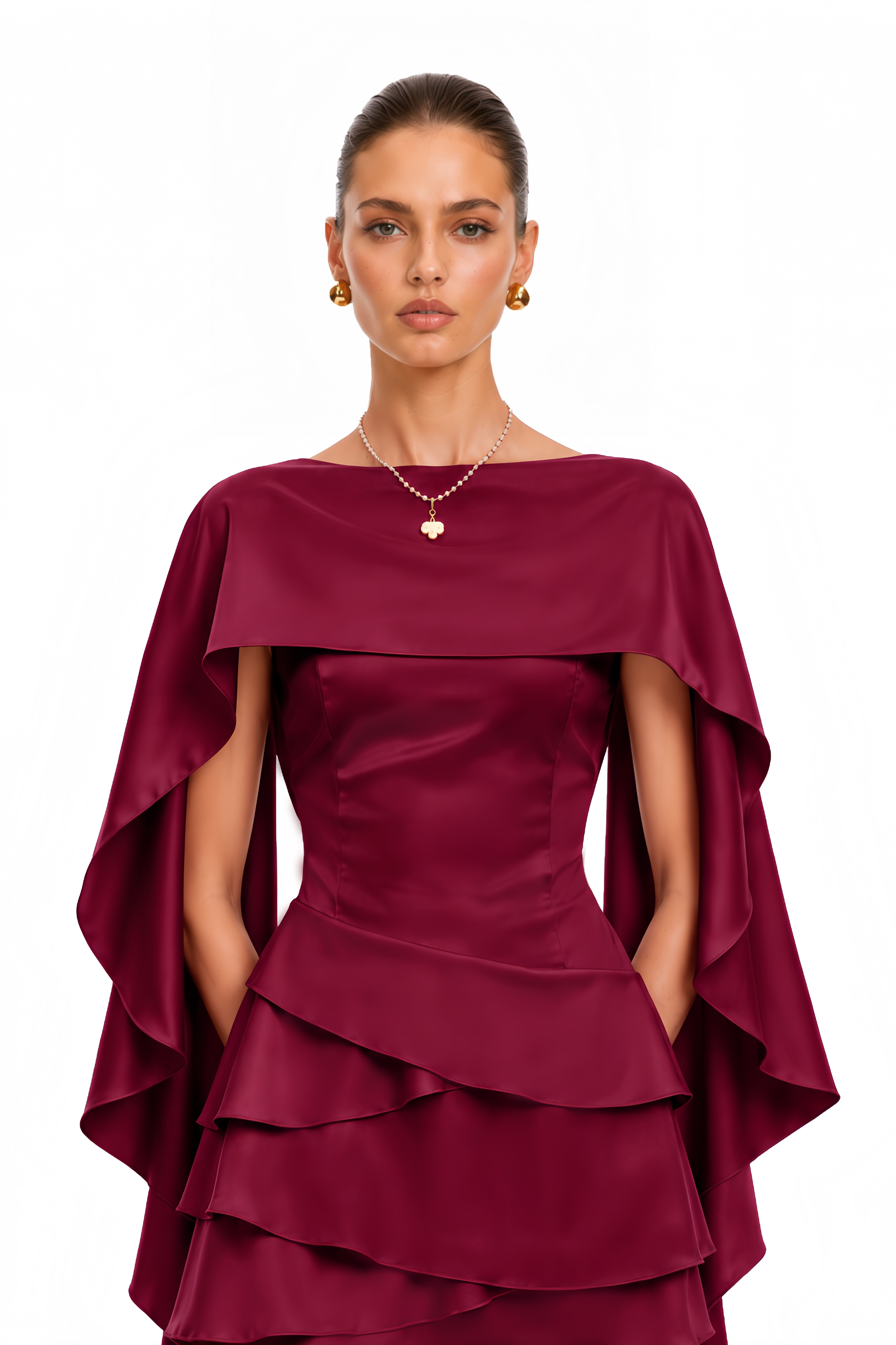 Lyna Shawl-Panel Ruffled Satin Mini Dress in Red