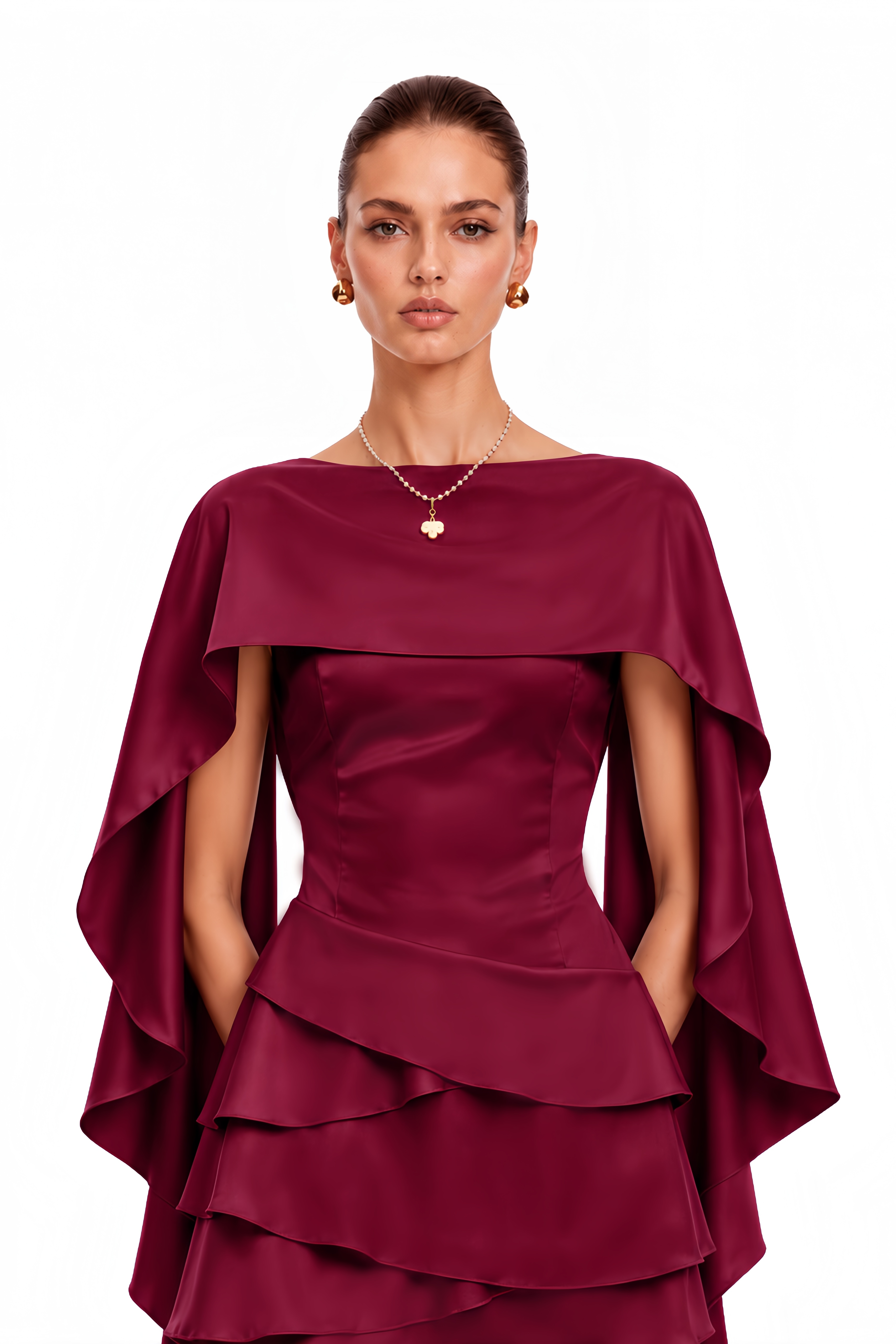 Lyna Shawl-Panel Ruffled Satin Mini Dress in Red