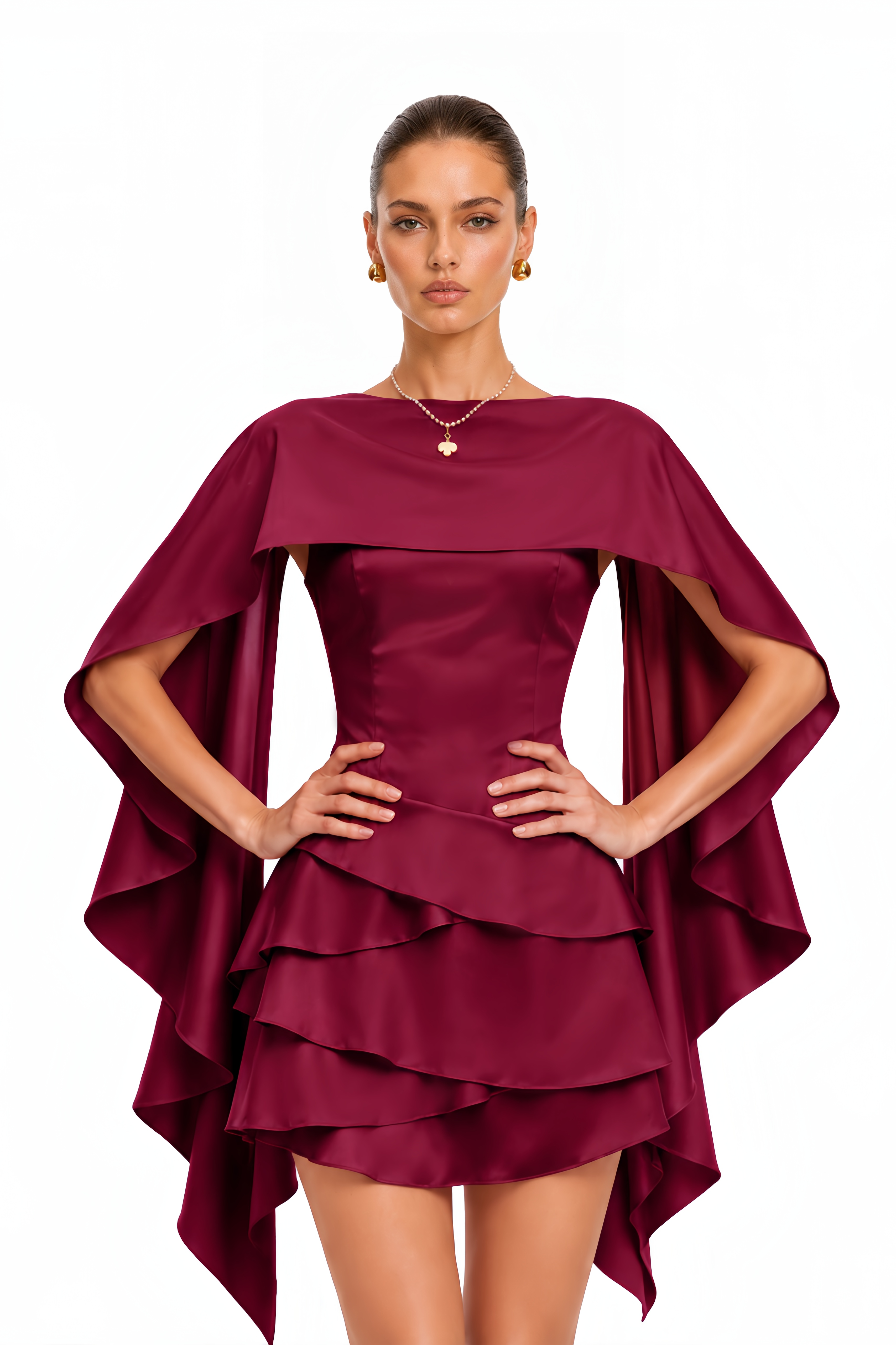 Lyna Shawl-Panel Ruffled Satin Mini Dress in Red