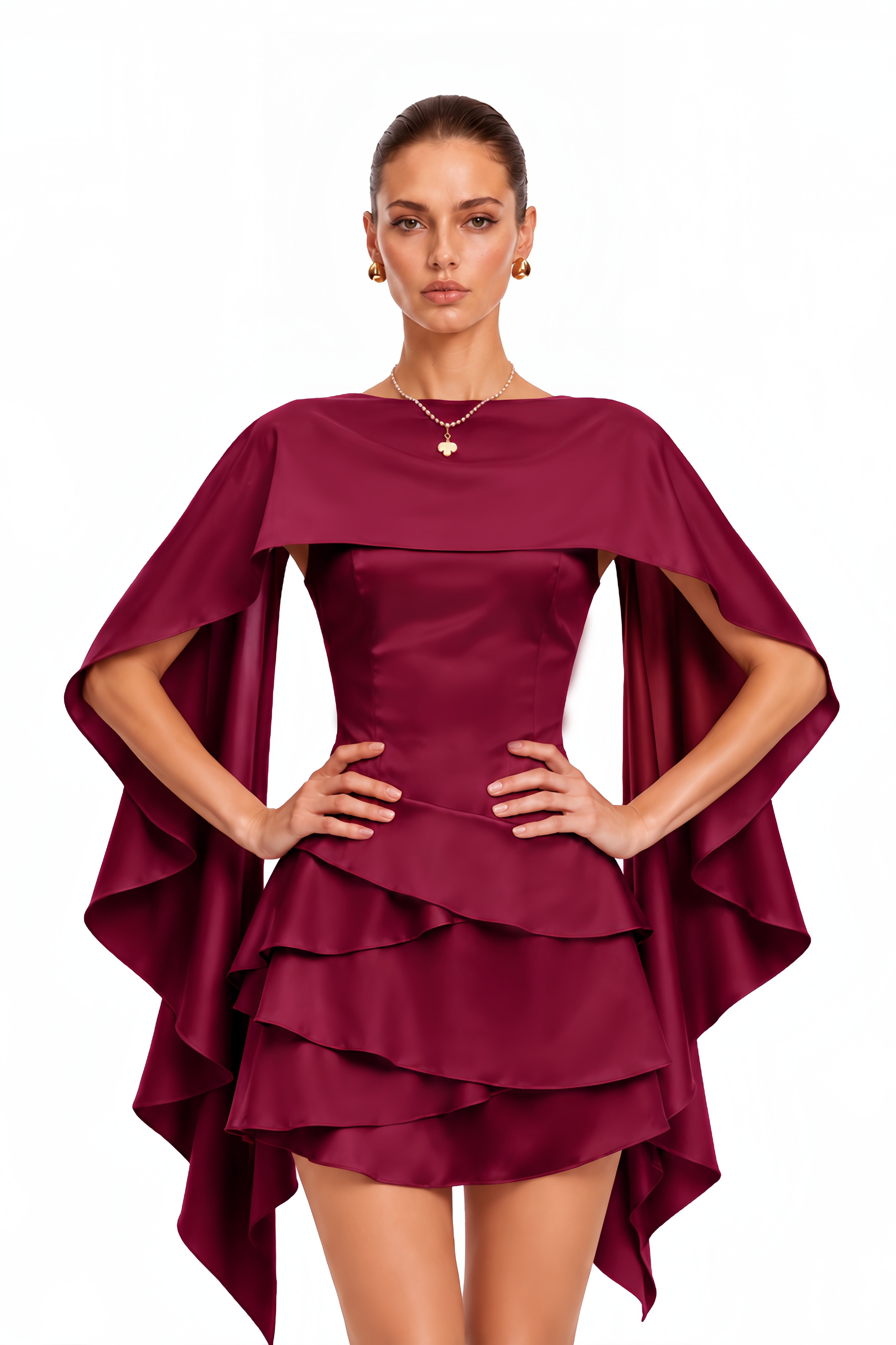 Lyna Shawl-Panel Ruffled Satin Mini Dress in Red