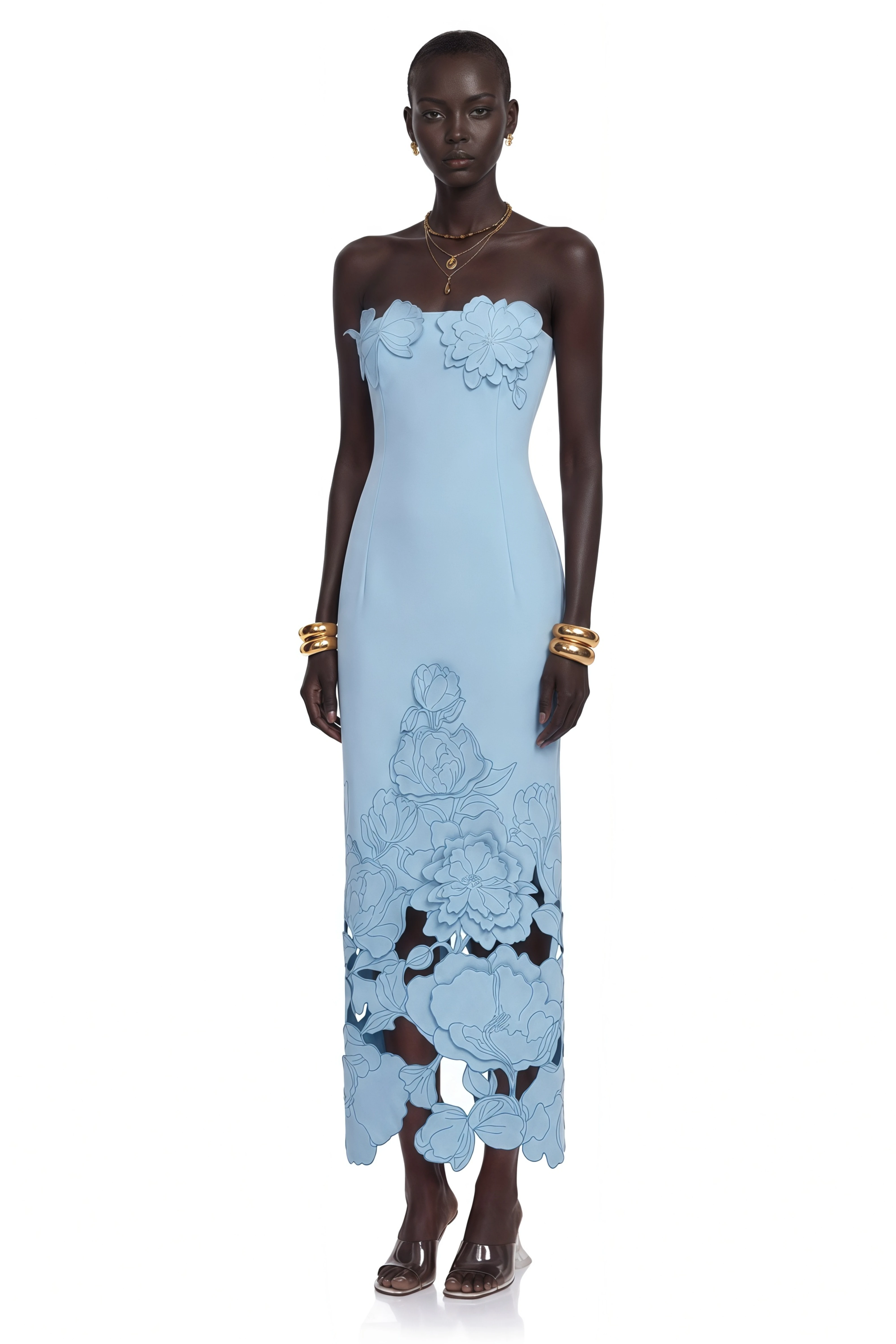 Light blue strapless gown with 3D floral appliqués and a cutout floral hem
