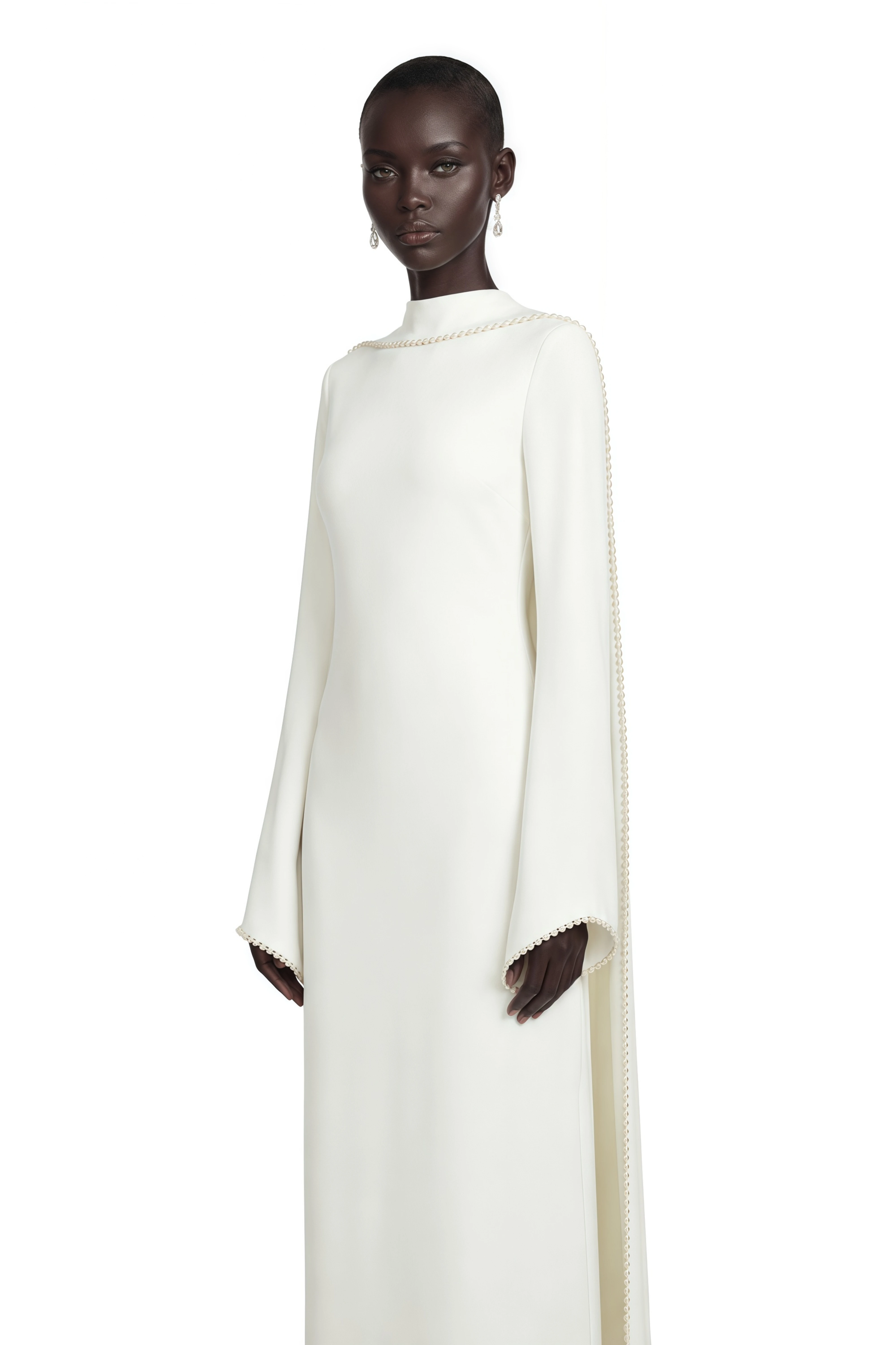 White long-sleeve gown with a high neckline and pearl trim