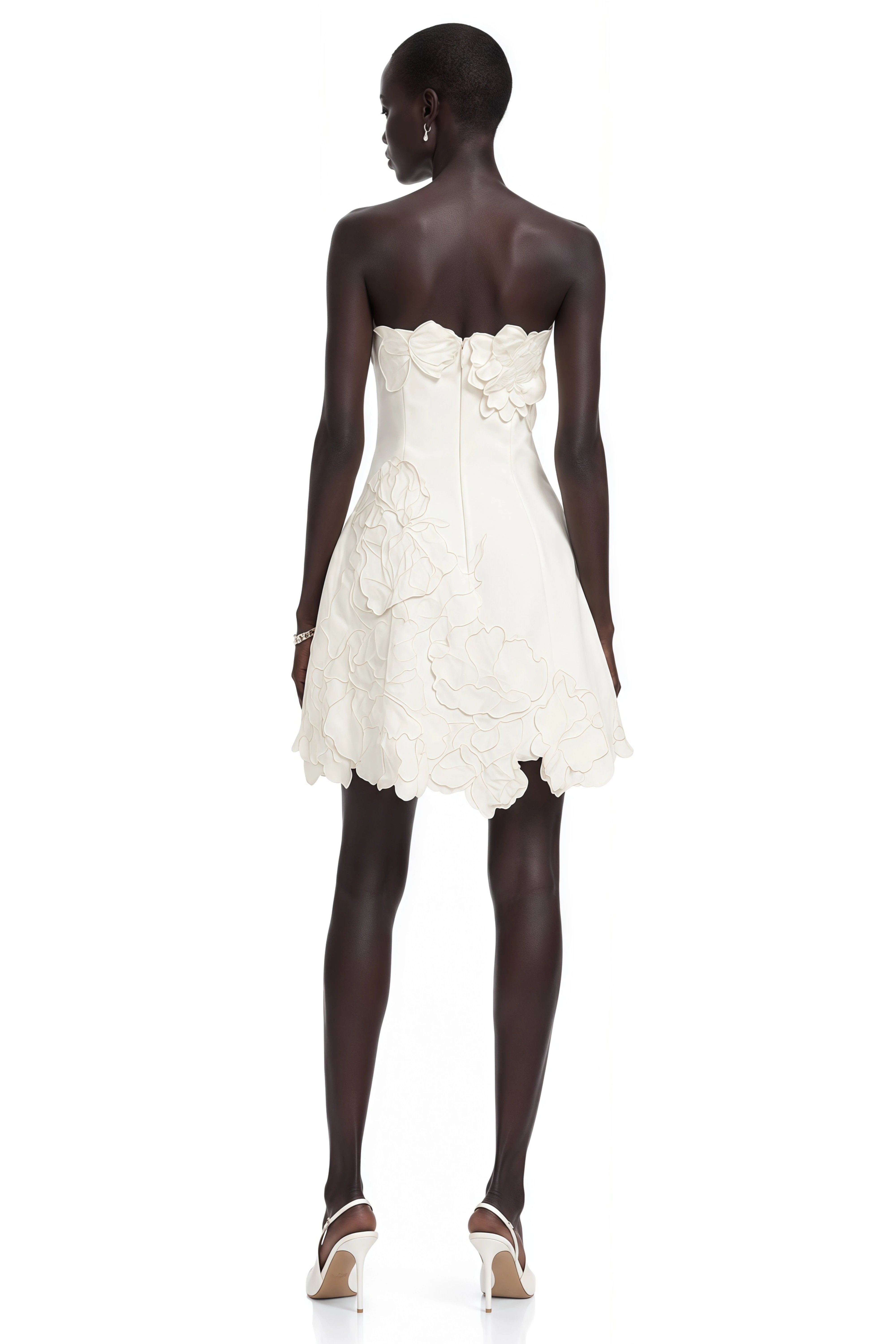 White strapless mini dress with 3D floral appliqués