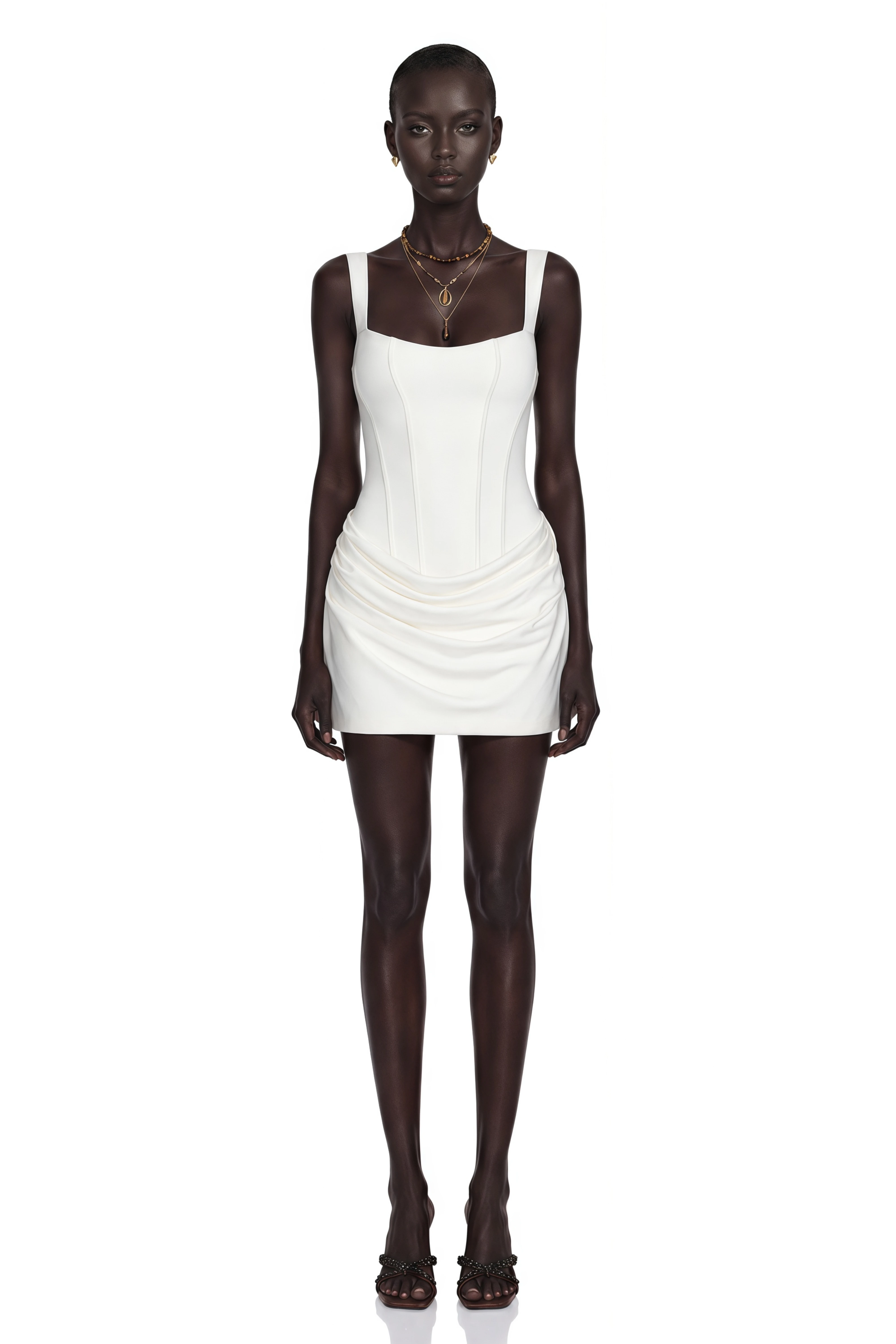 White corset mini dress with a draped skirt