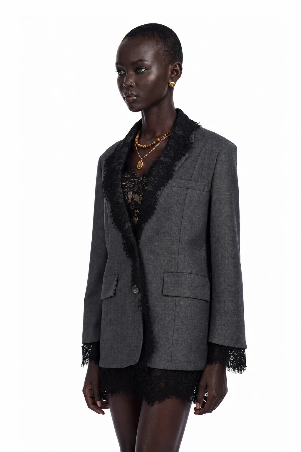 Grey blazer with black lace trim