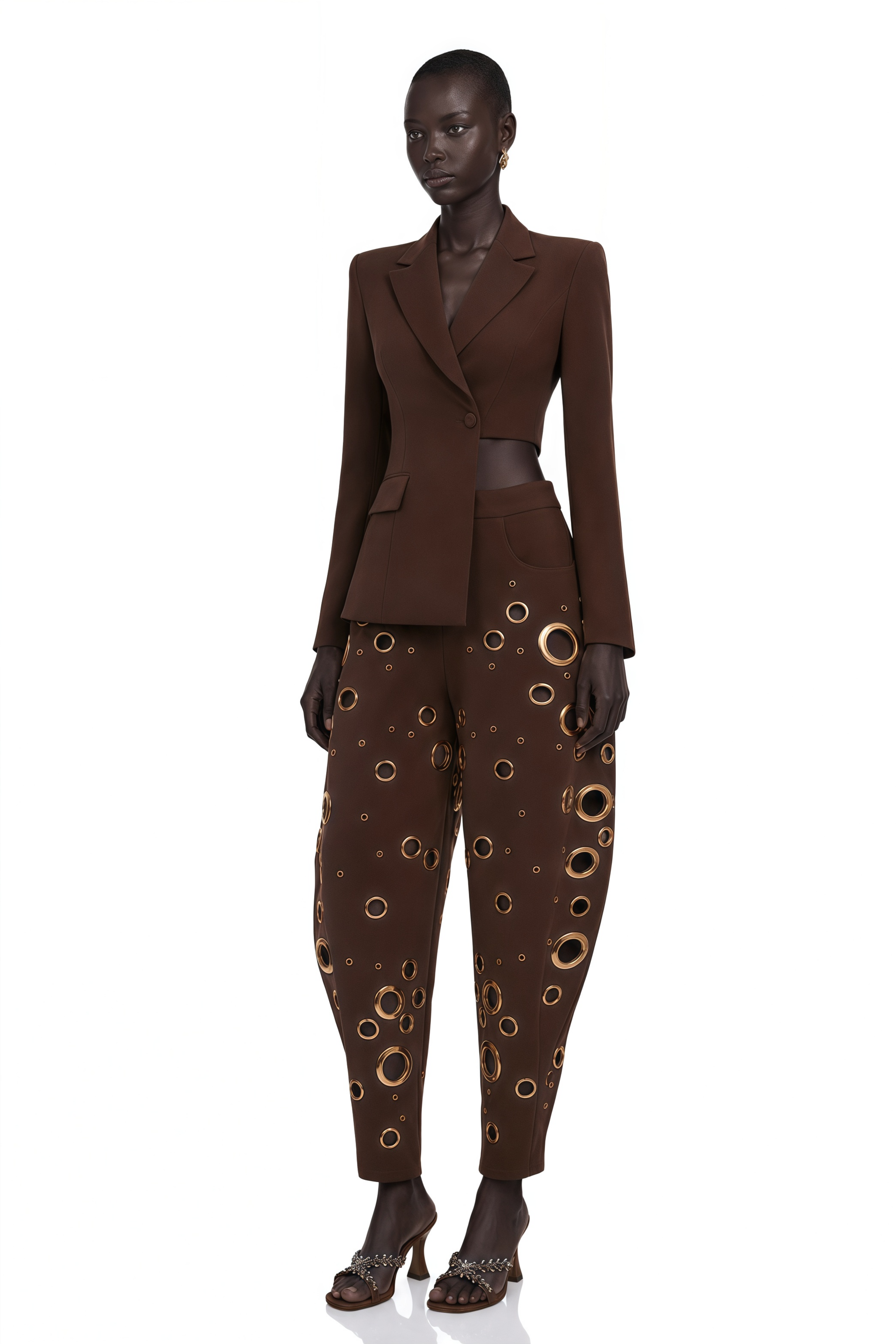 Xaviera Chocolate Brown Asymmetrical Blazer & Cut-Out Trouser Set
