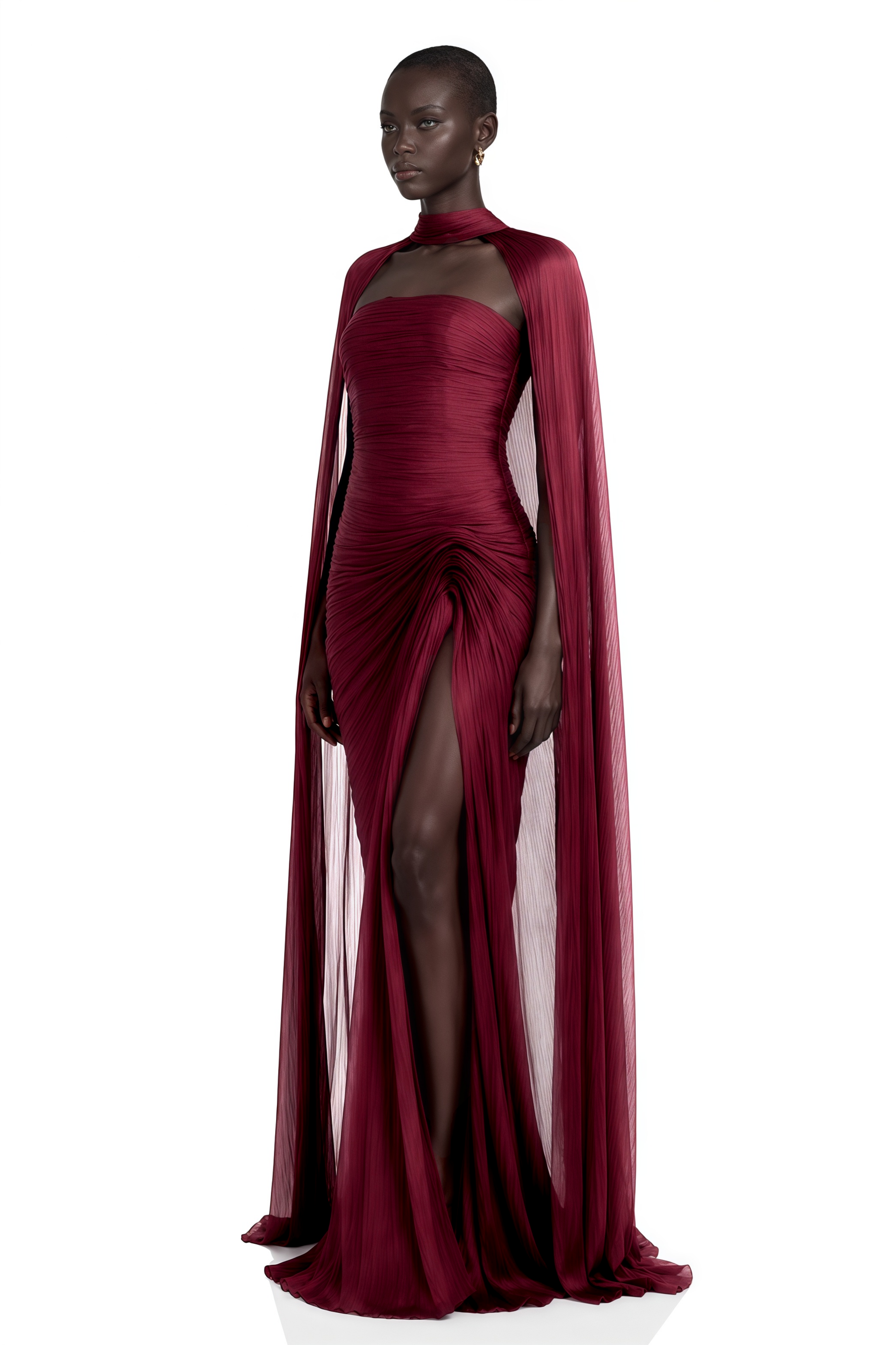 Shifra Burgundy Asymmetrical Cape Maxi Dress