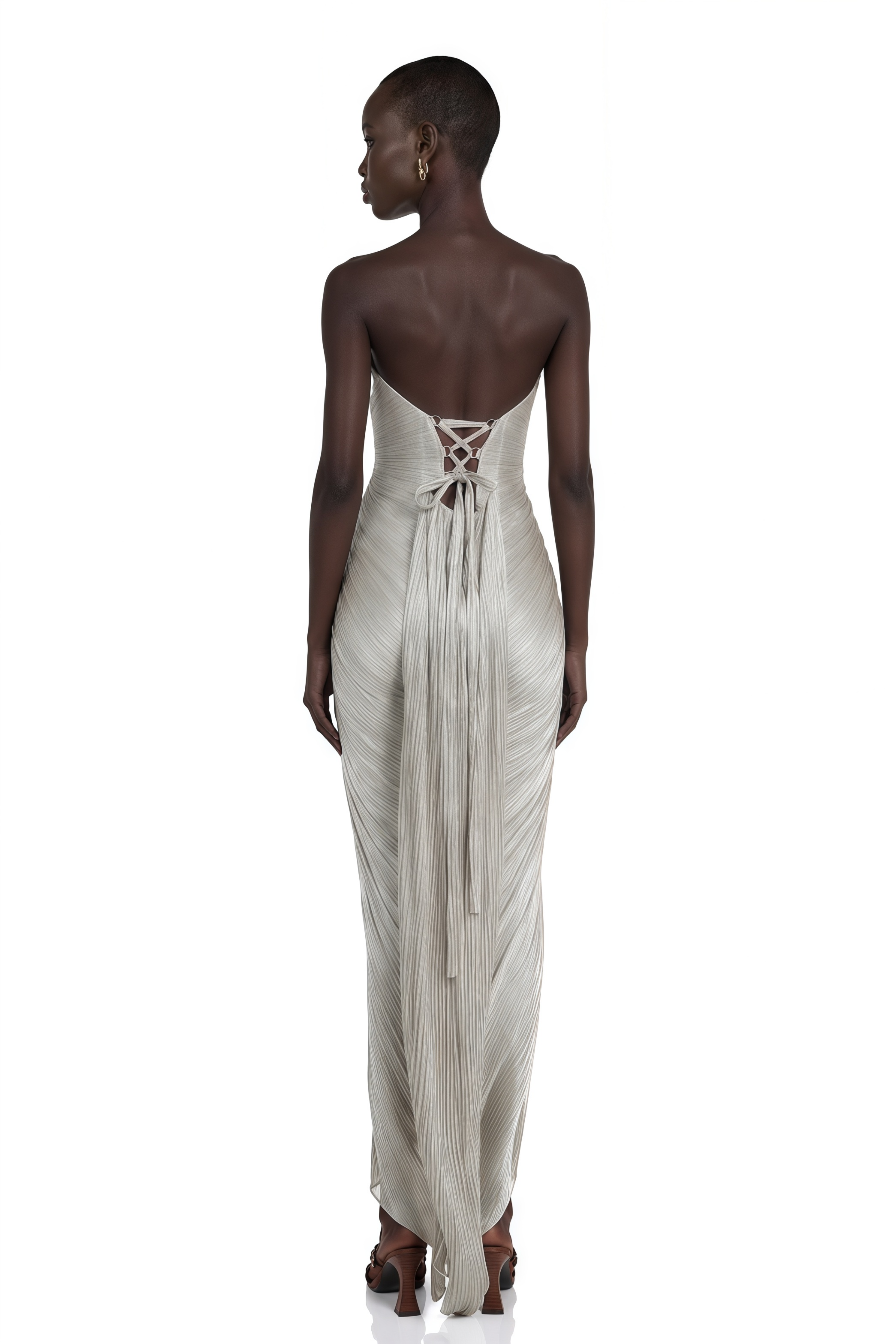 Xrystyna Silver Metallic Ruched Maxi Dress