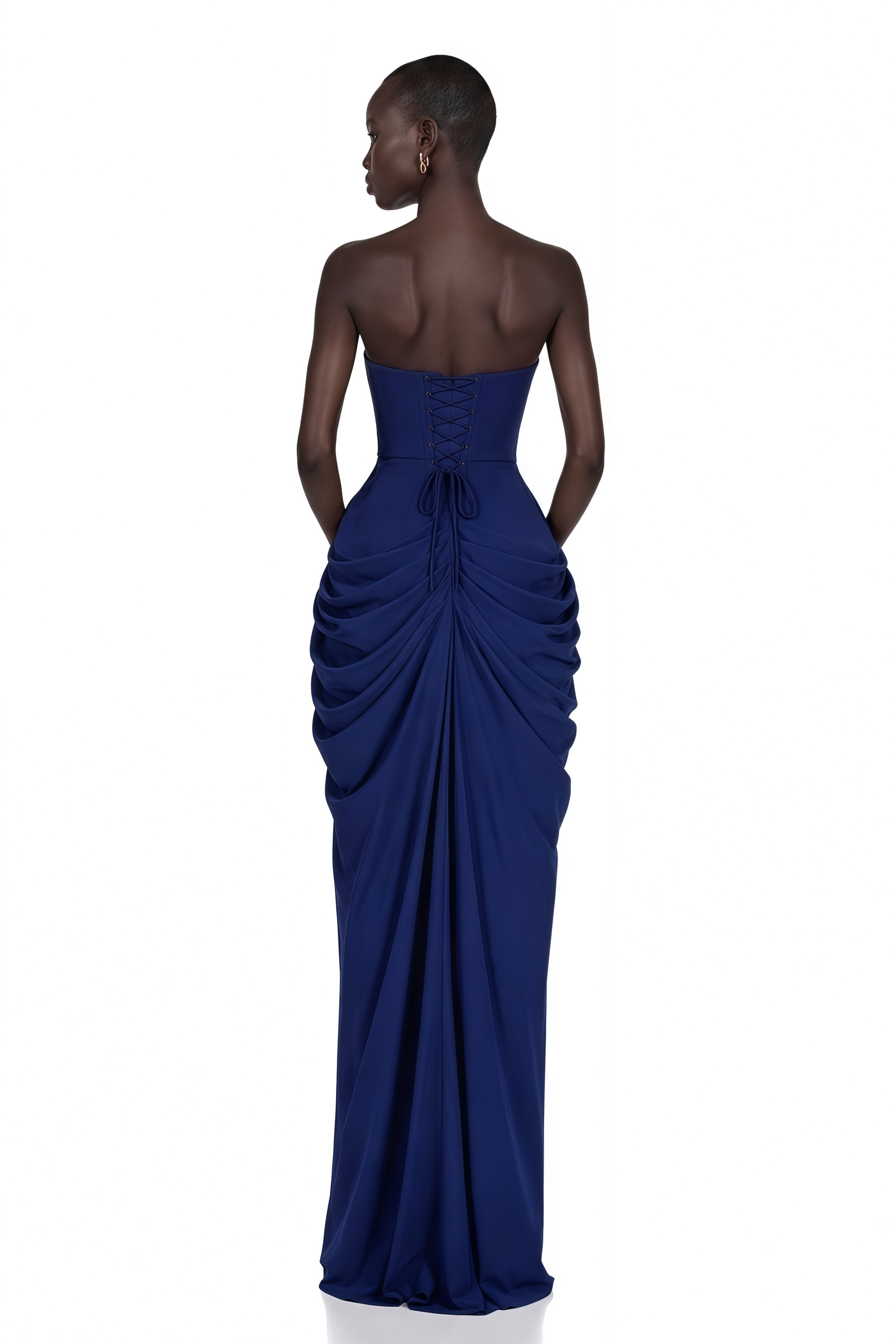 Safiya Navy Blue Ruched Maxi Dress with Cross Front