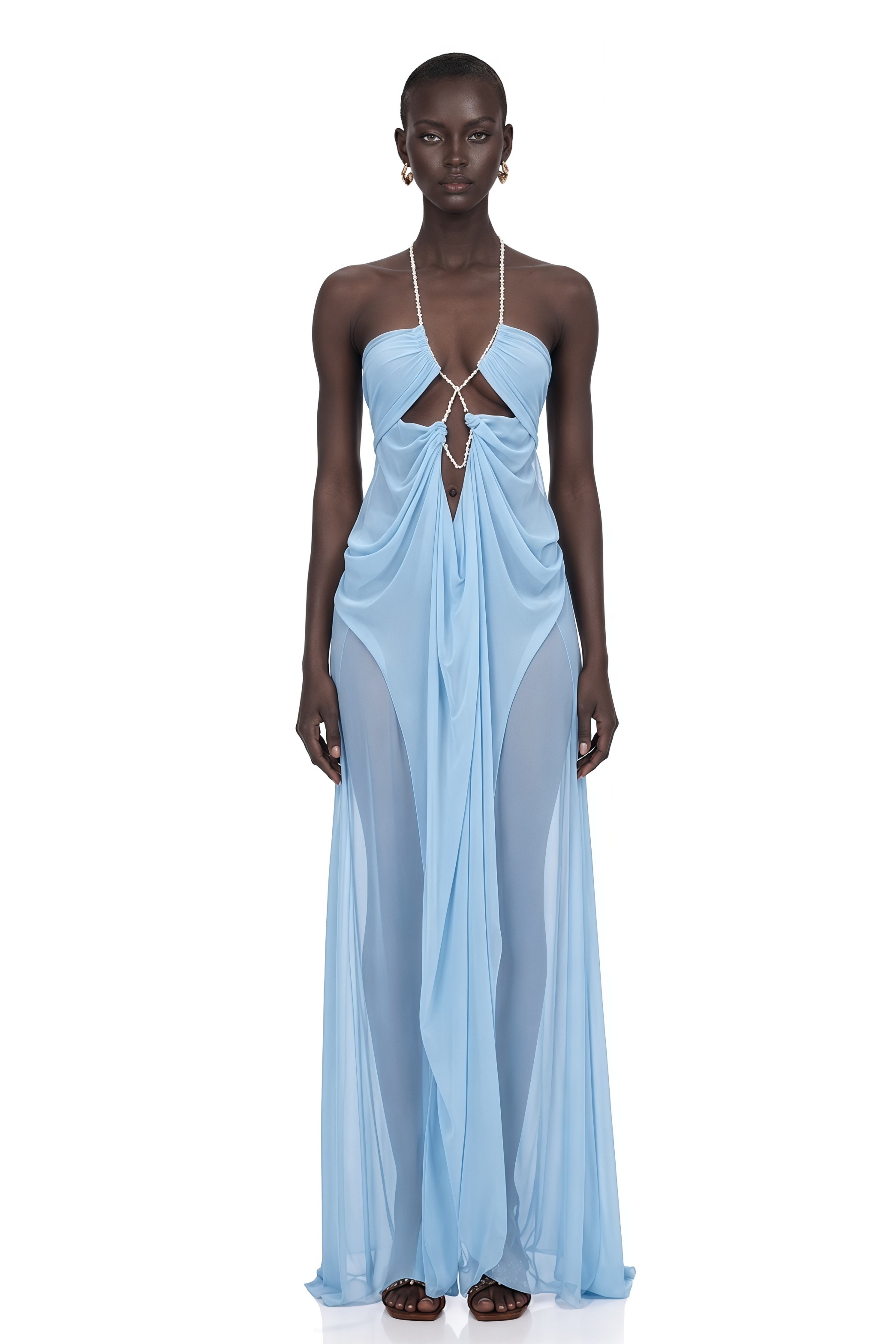 Ronit Blue Semi-Sheer Mesh Maxi Dress