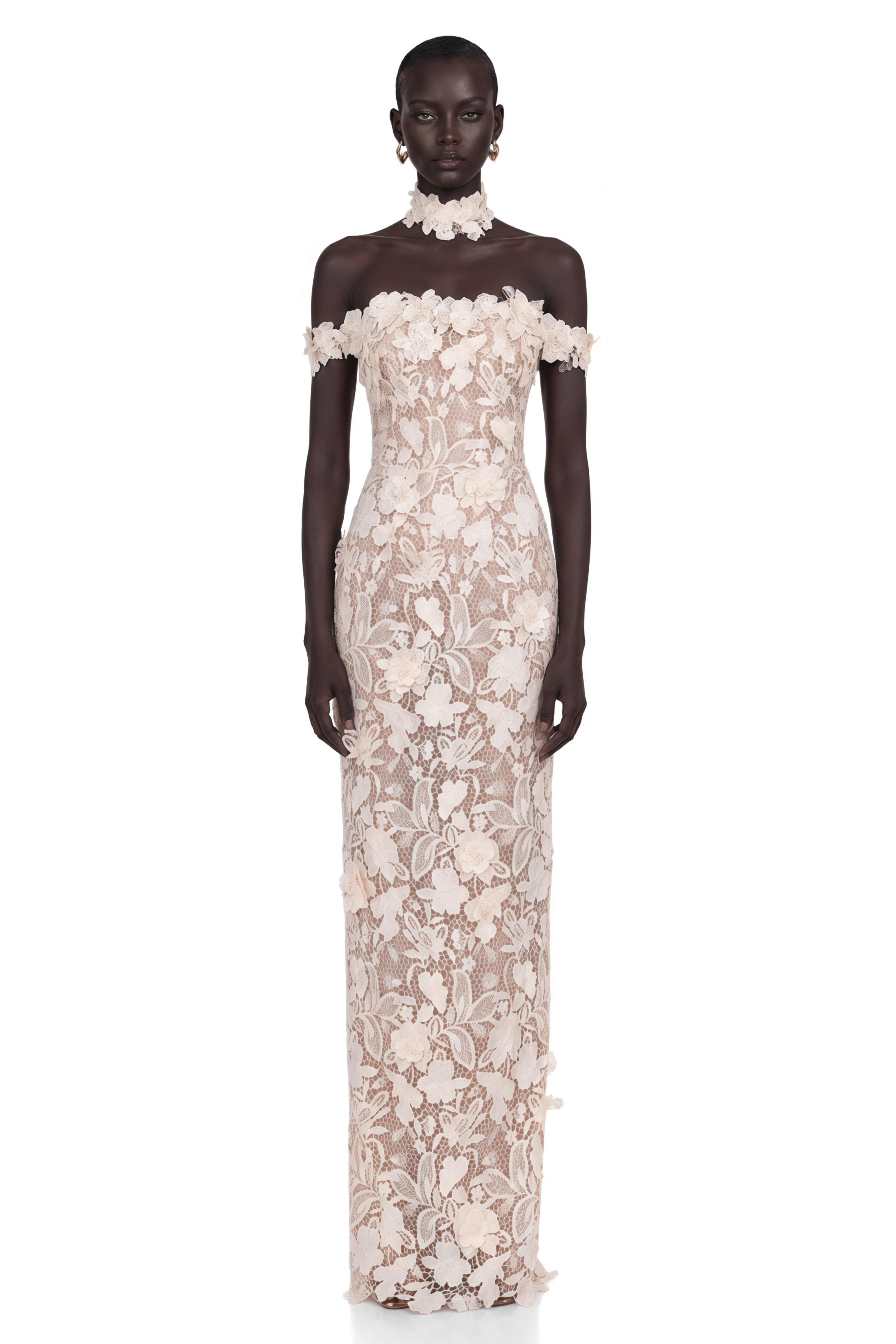 Hecate White Beaded Lace Maxi Dress with 3D Florals