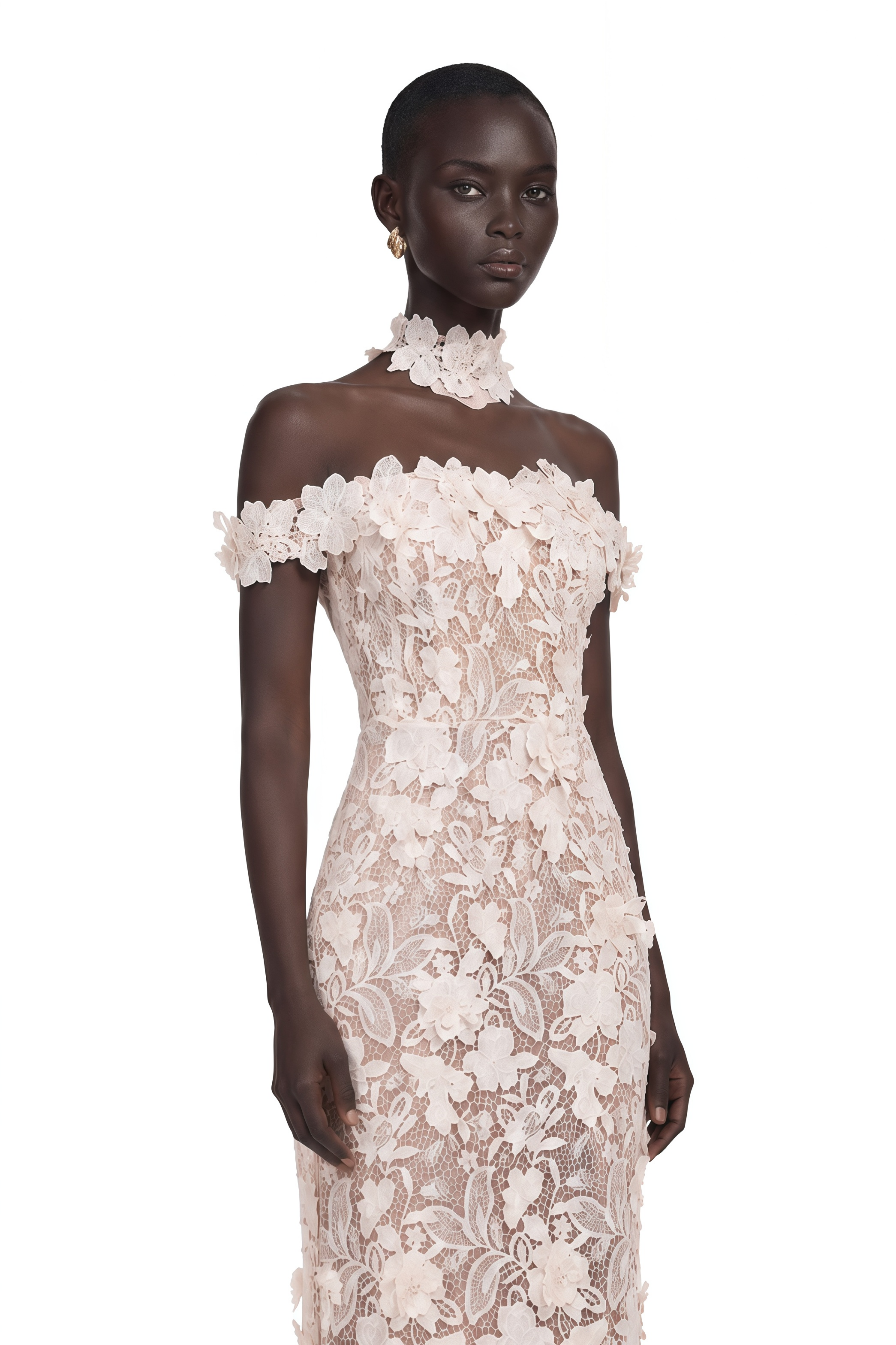 Hecate White Beaded Lace Maxi Dress with 3D Florals