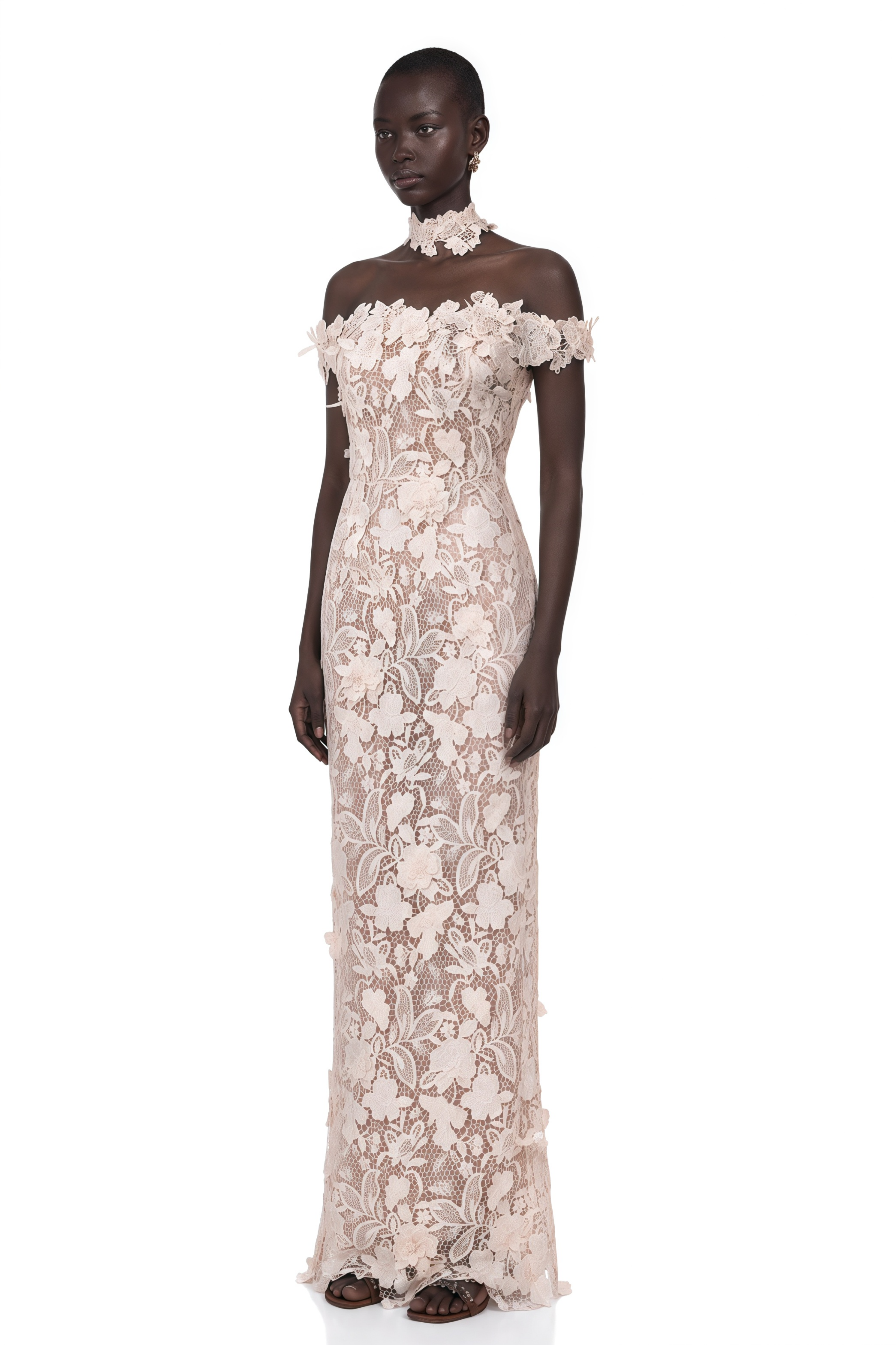 Hecate White Beaded Lace Maxi Dress with 3D Florals
