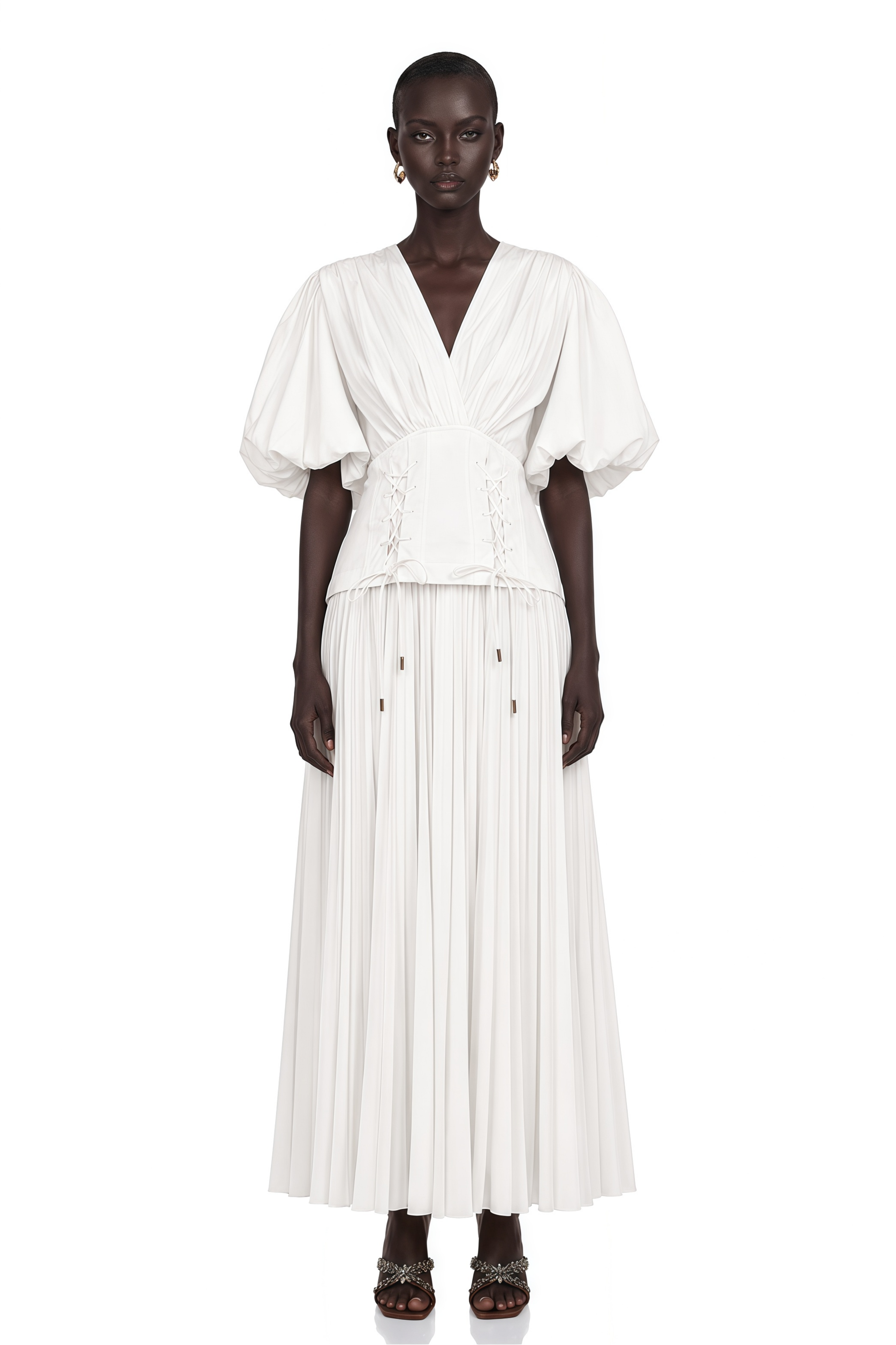 Vienne White Lace-Up Pleated Maxi Dress