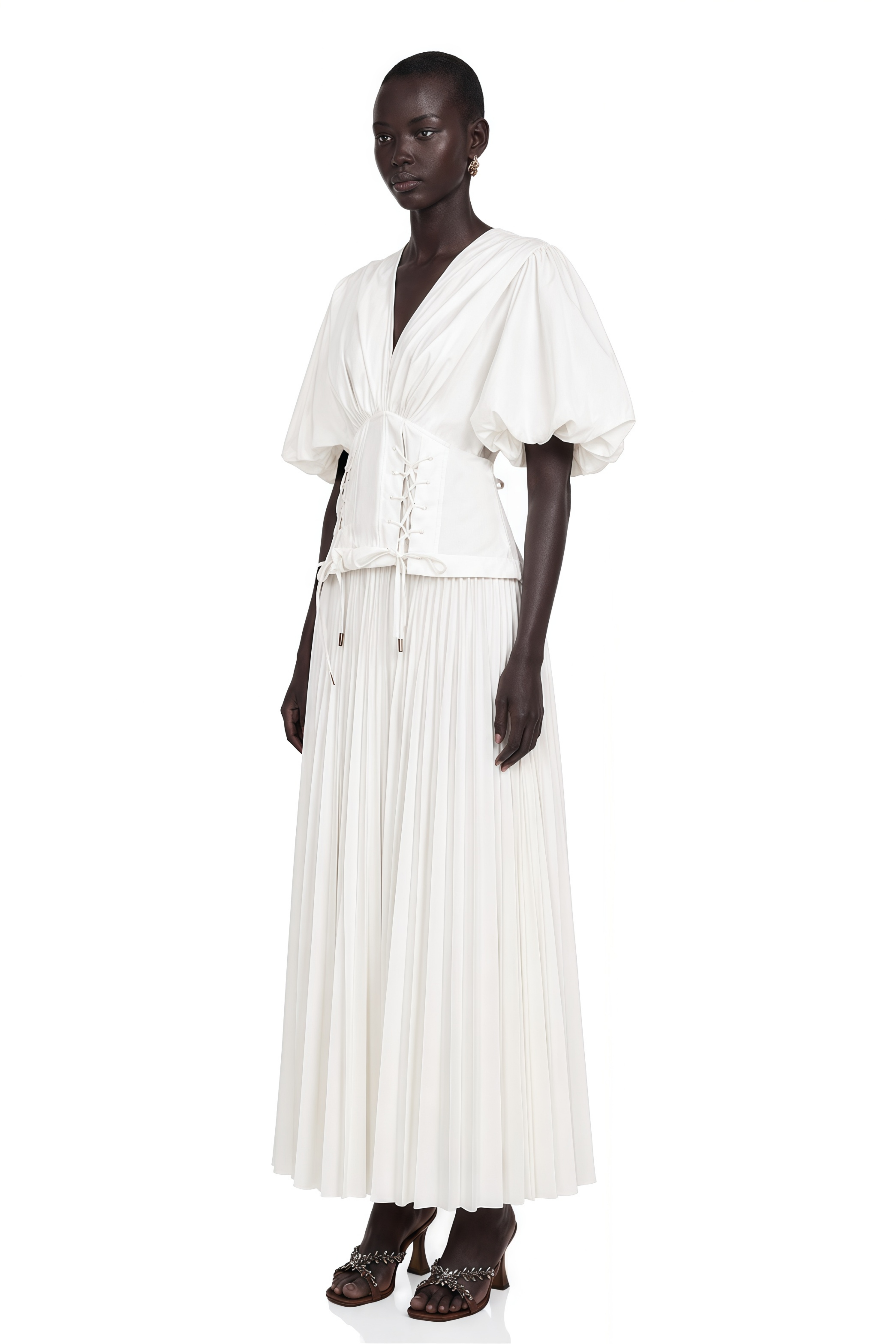 Vienne White Lace-Up Pleated Maxi Dress