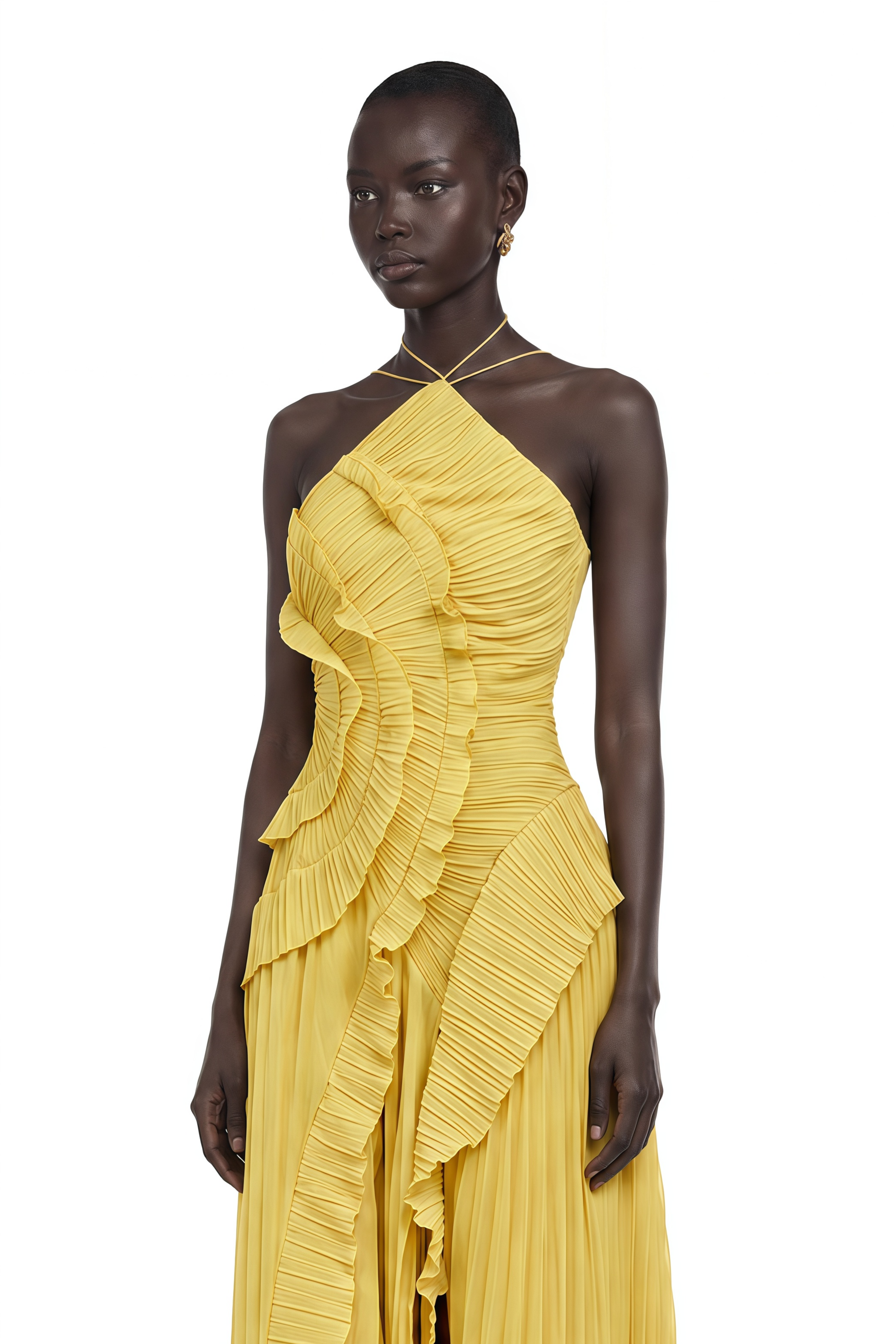 Doux Yellow Ruffled Trim Pleated Midi Dress