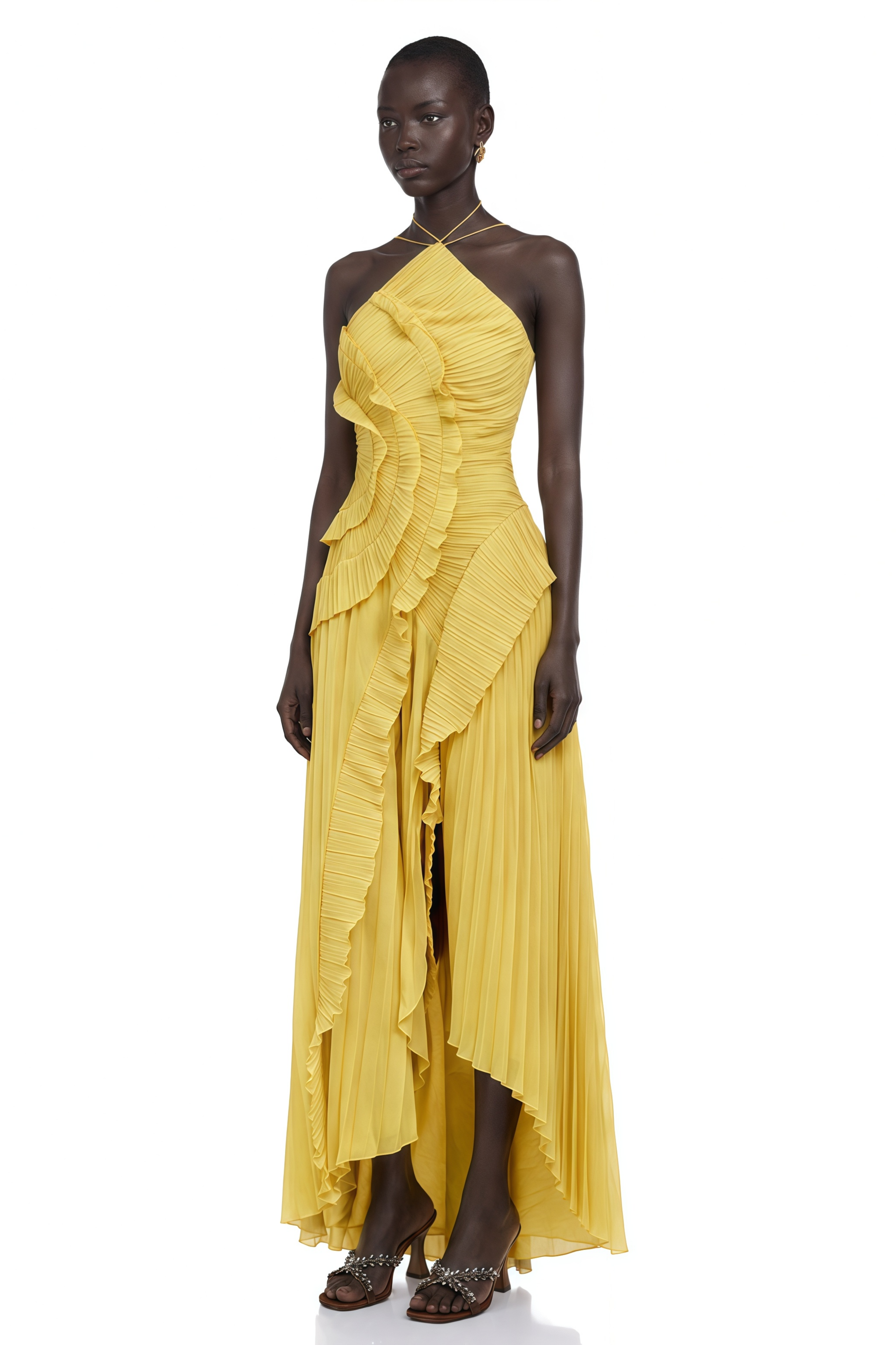 Doux Yellow Ruffled Trim Pleated Midi Dress