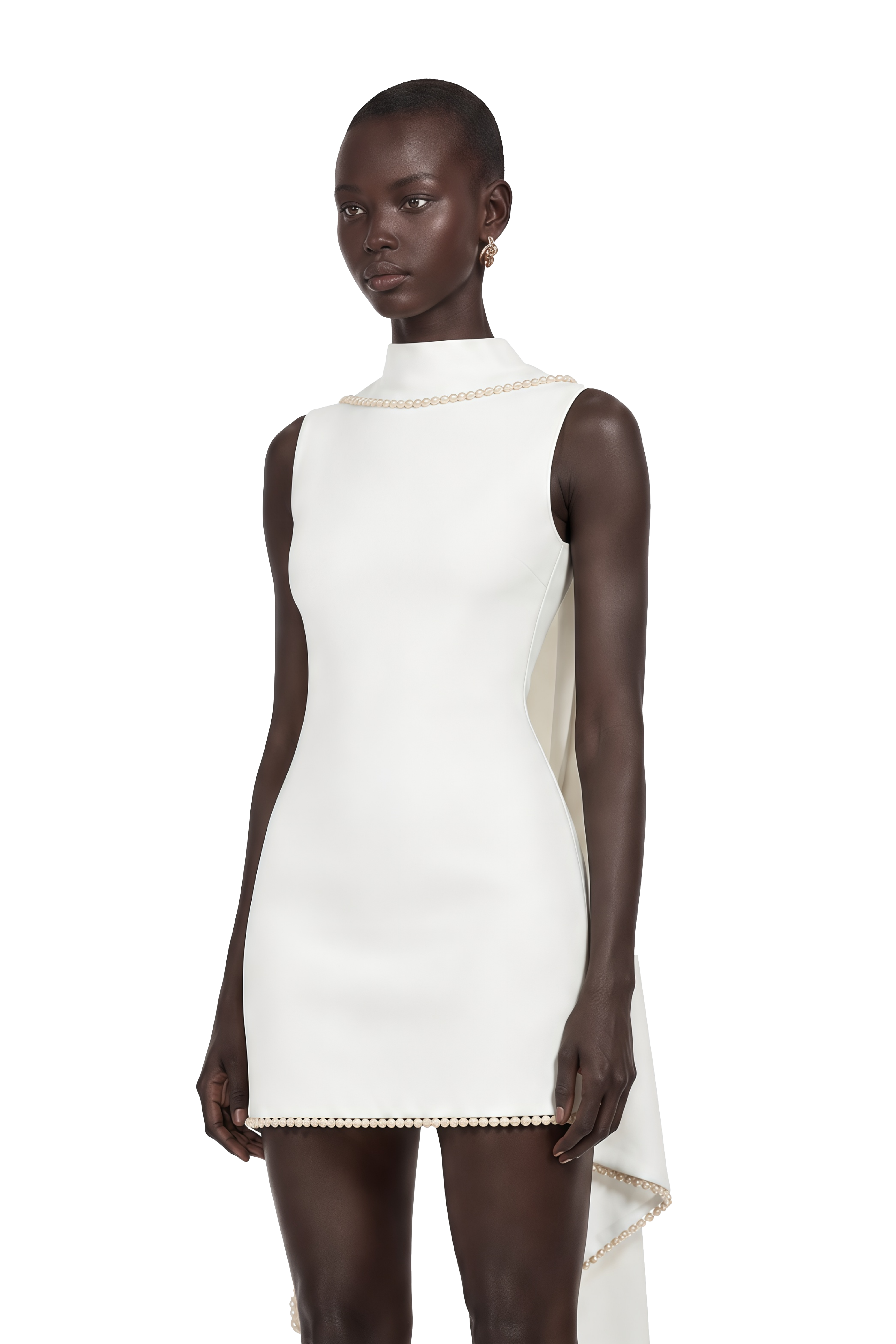 Piroska White Sleeveless Pearl Trim Mini Dress