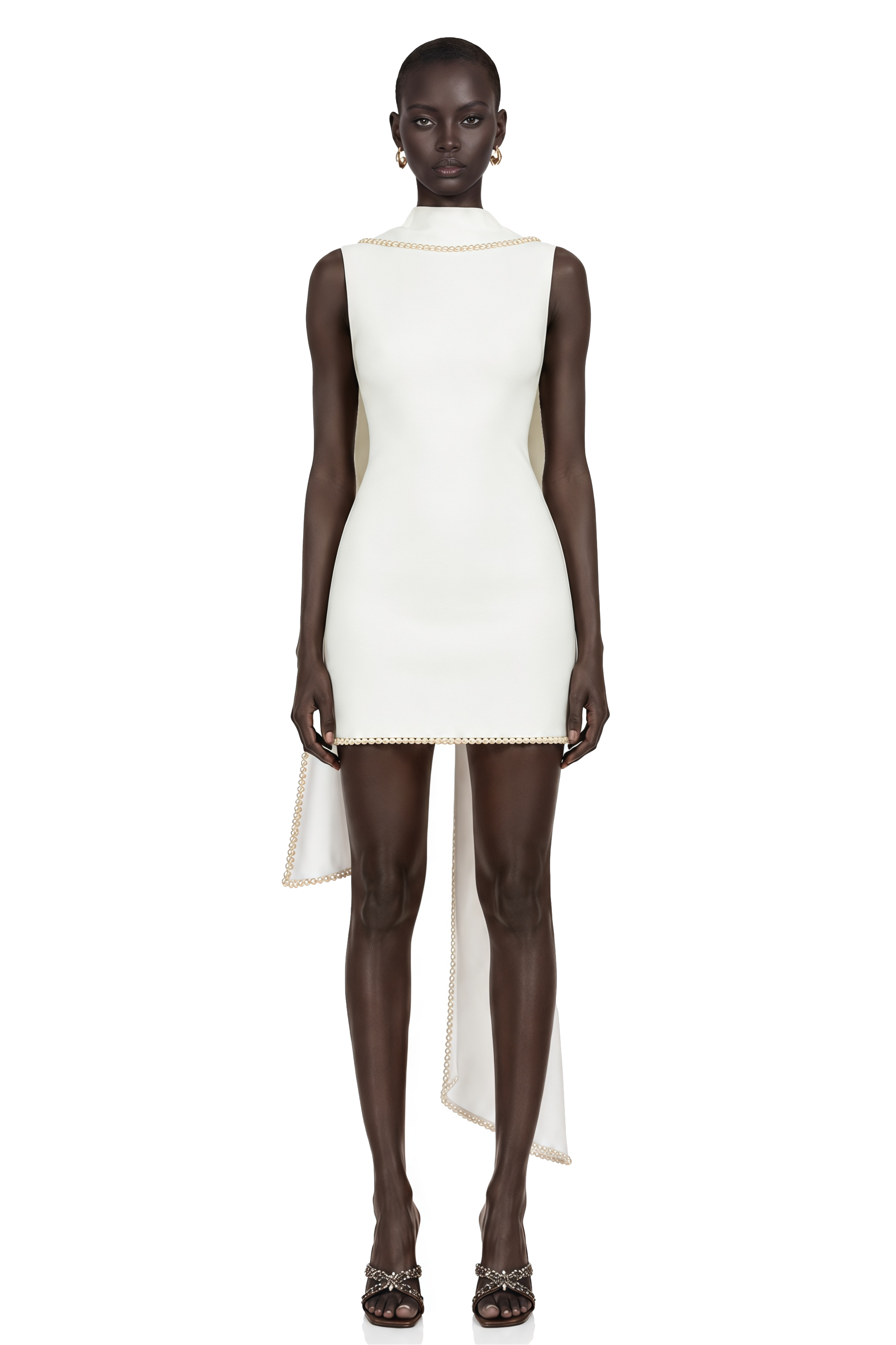 Piroska White Sleeveless Pearl Trim Mini Dress